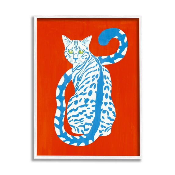 Stupell Industries Blue Gazing Cat Bold Modern Design Graphic Art White Framed Art Print Wall Art, Design by Grace Popp