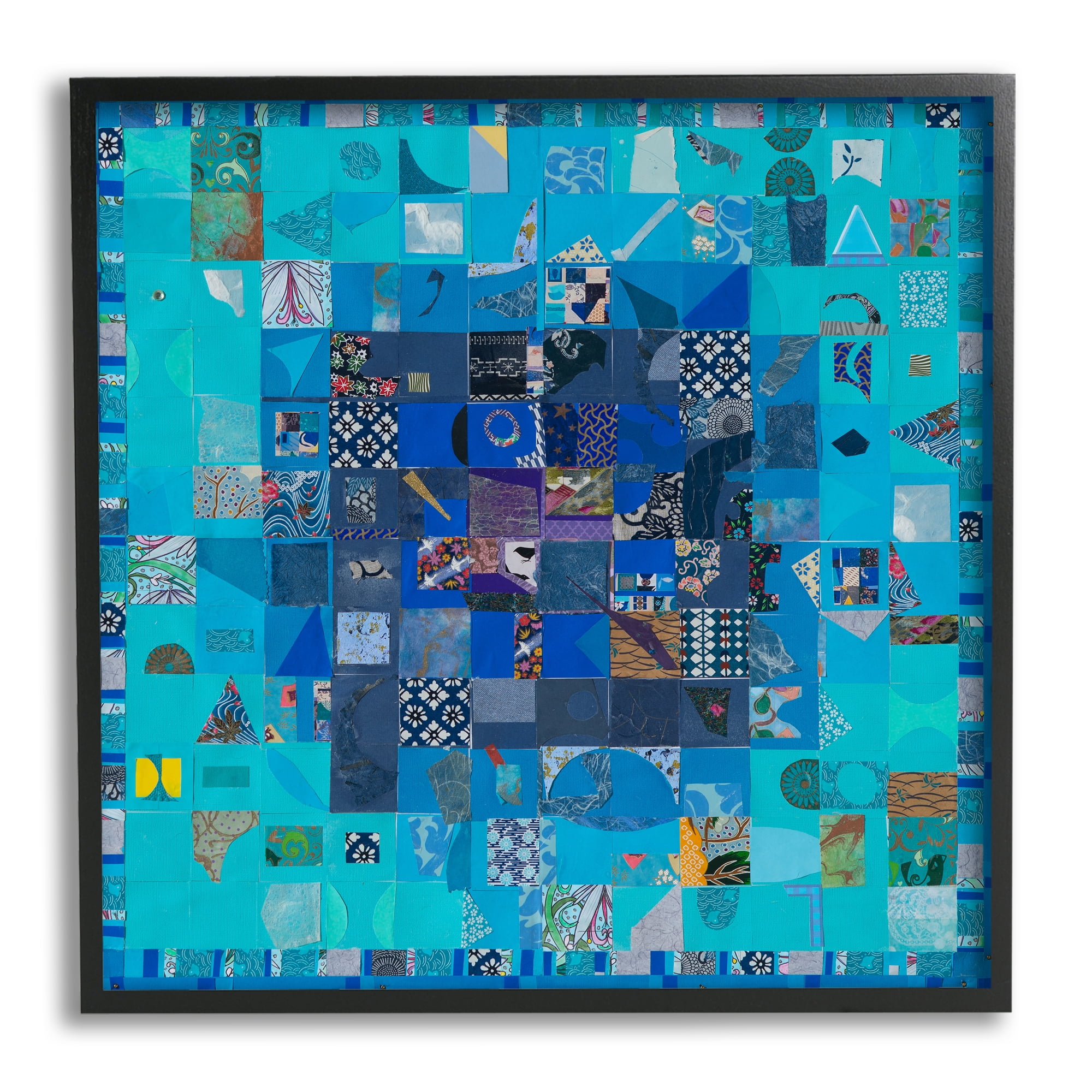 Stupell Industries Blue Geometric Collage Abstract Painting Black Framed Art Print Wall Art, 24 x 24