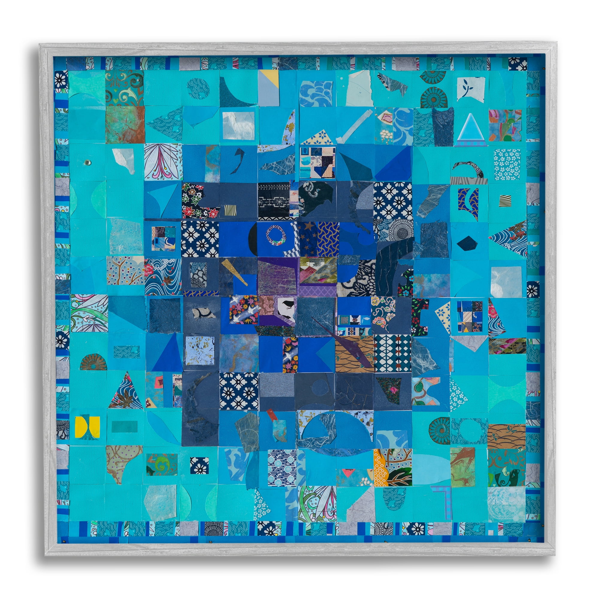 Stupell Industries Blue Geometric Collage Abstract Painting Gray Framed Art Print Wall Art, 24 x 24