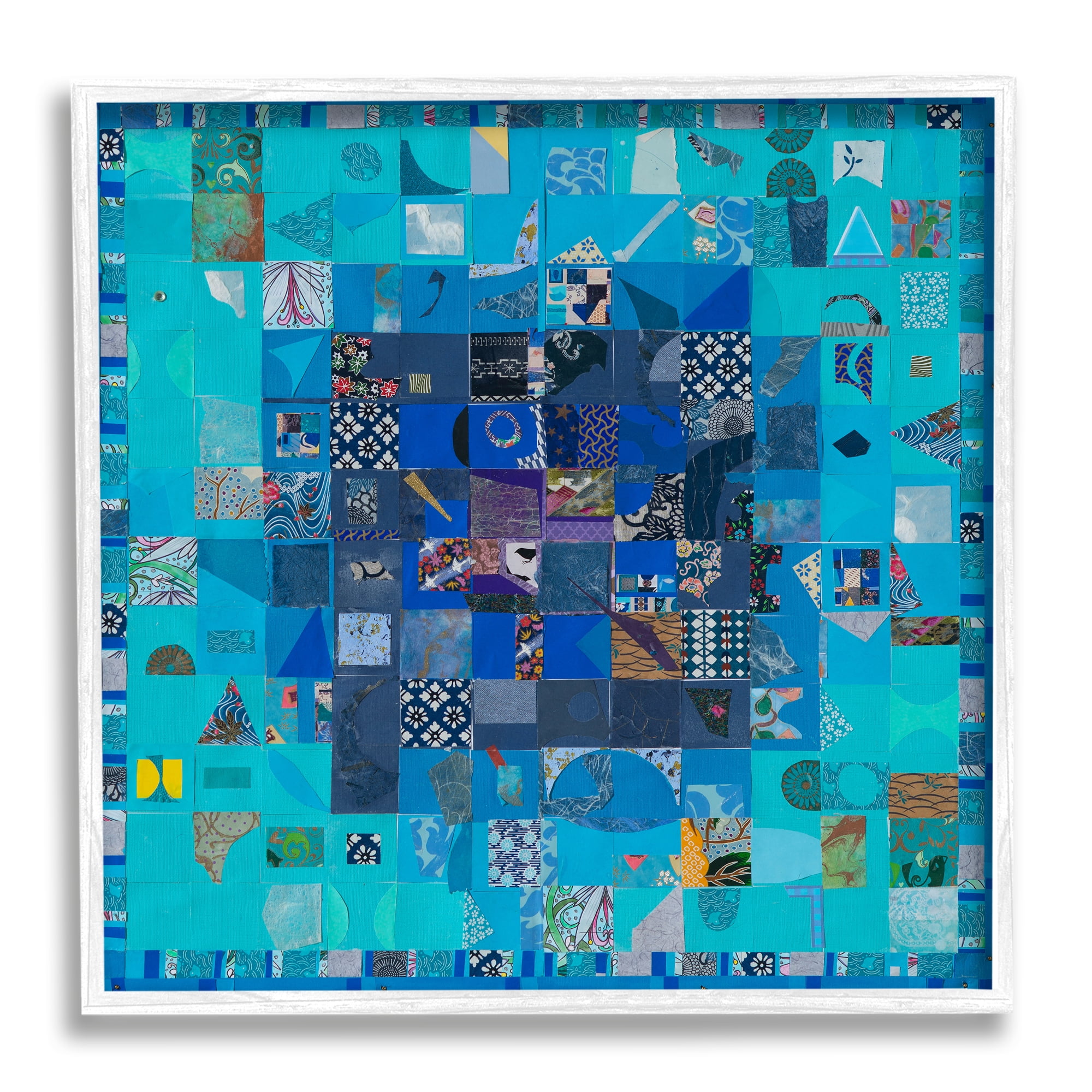 Stupell Industries Blue Geometric Collage Abstract Painting White Framed Art Print Wall Art, 24 x 24