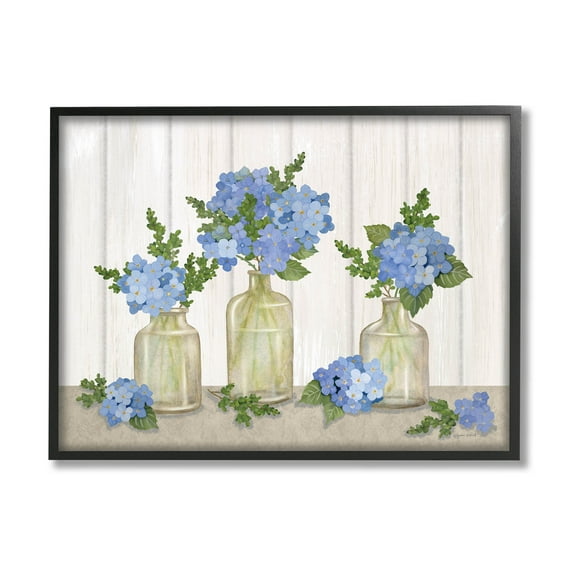 Stupell Industries Blue Geranium Flower Vases Graphic Art Black Framed Art Print Wall Art, Design by Annie LaPoint