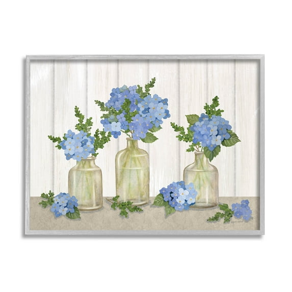 Stupell Industries Blue Geranium Flower Vases Graphic Art Gray Framed Art Print Wall Art, Design by Annie LaPoint