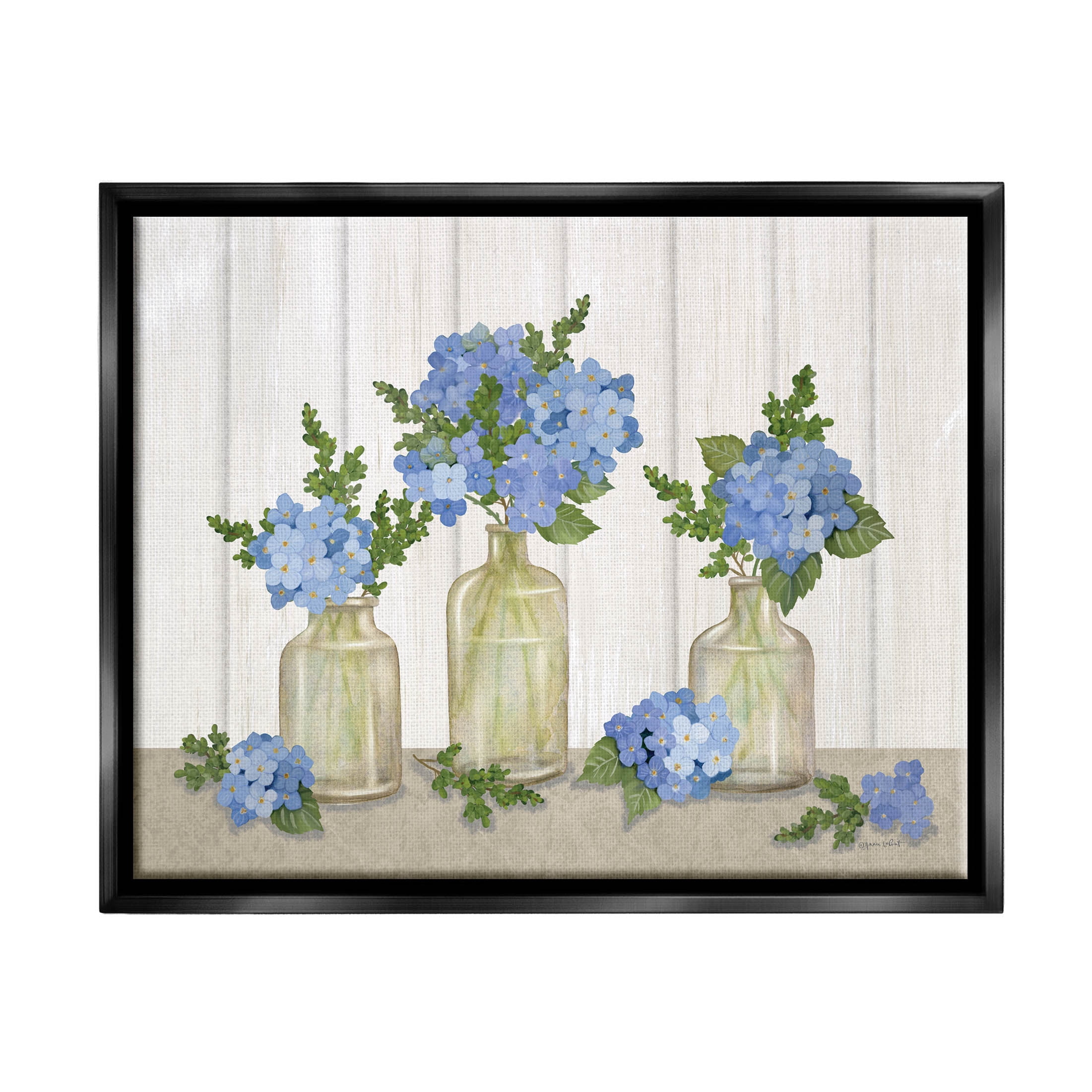 Stupell Industries Blue Geranium Flower Vases Graphic Art Jet Black Floating Framed Canvas Print Wall Art, Design by Annie LaPoint