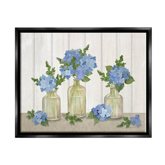 Stupell Industries Blue Geranium Flower Vases Graphic Art Jet Black Floating Framed Canvas Print Wall Art, Design by Annie LaPoint