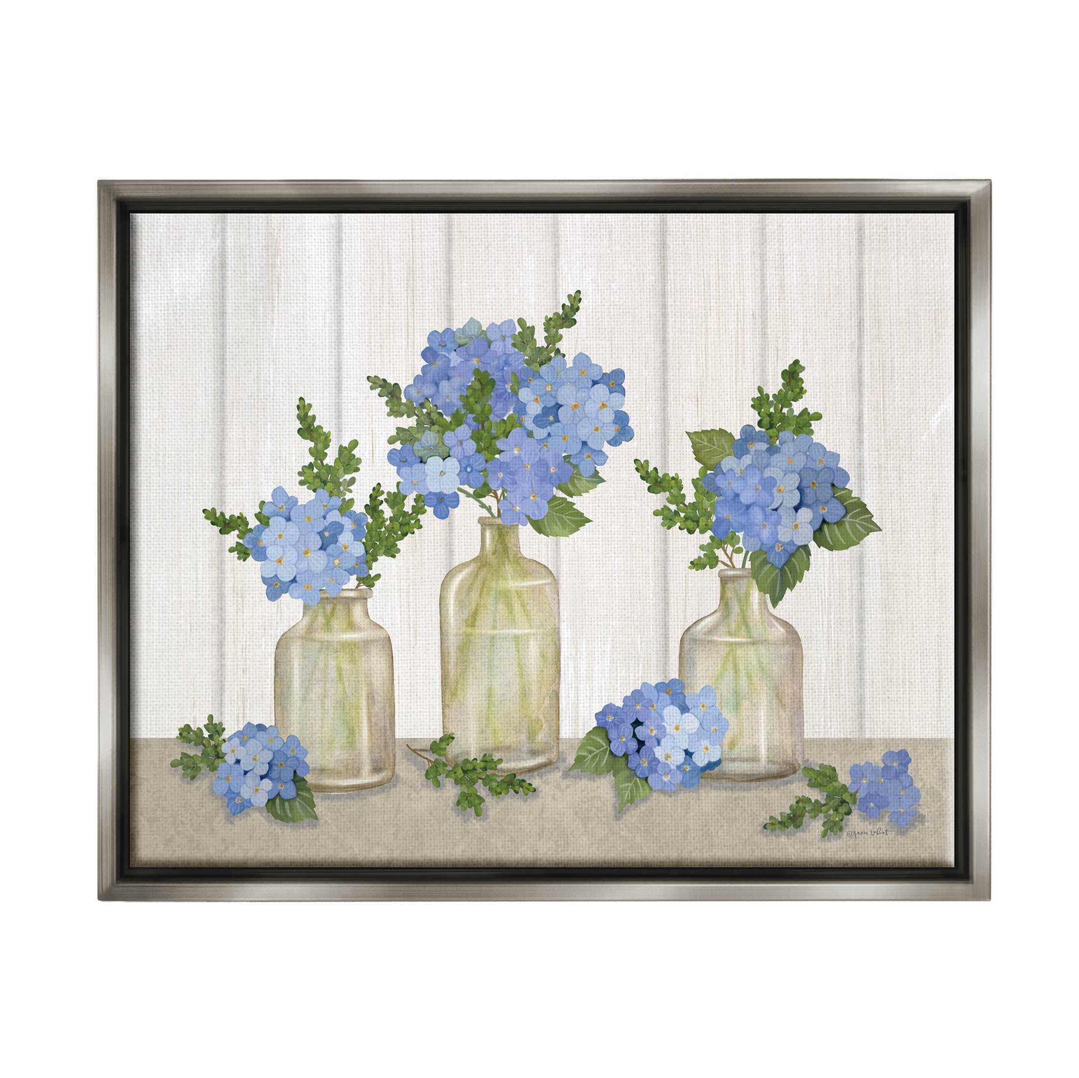Stupell Industries Blue Geranium Flower Vases Graphic Art Luster Gray Floating Framed Canvas Print Wall Art, Design by Annie LaPoint