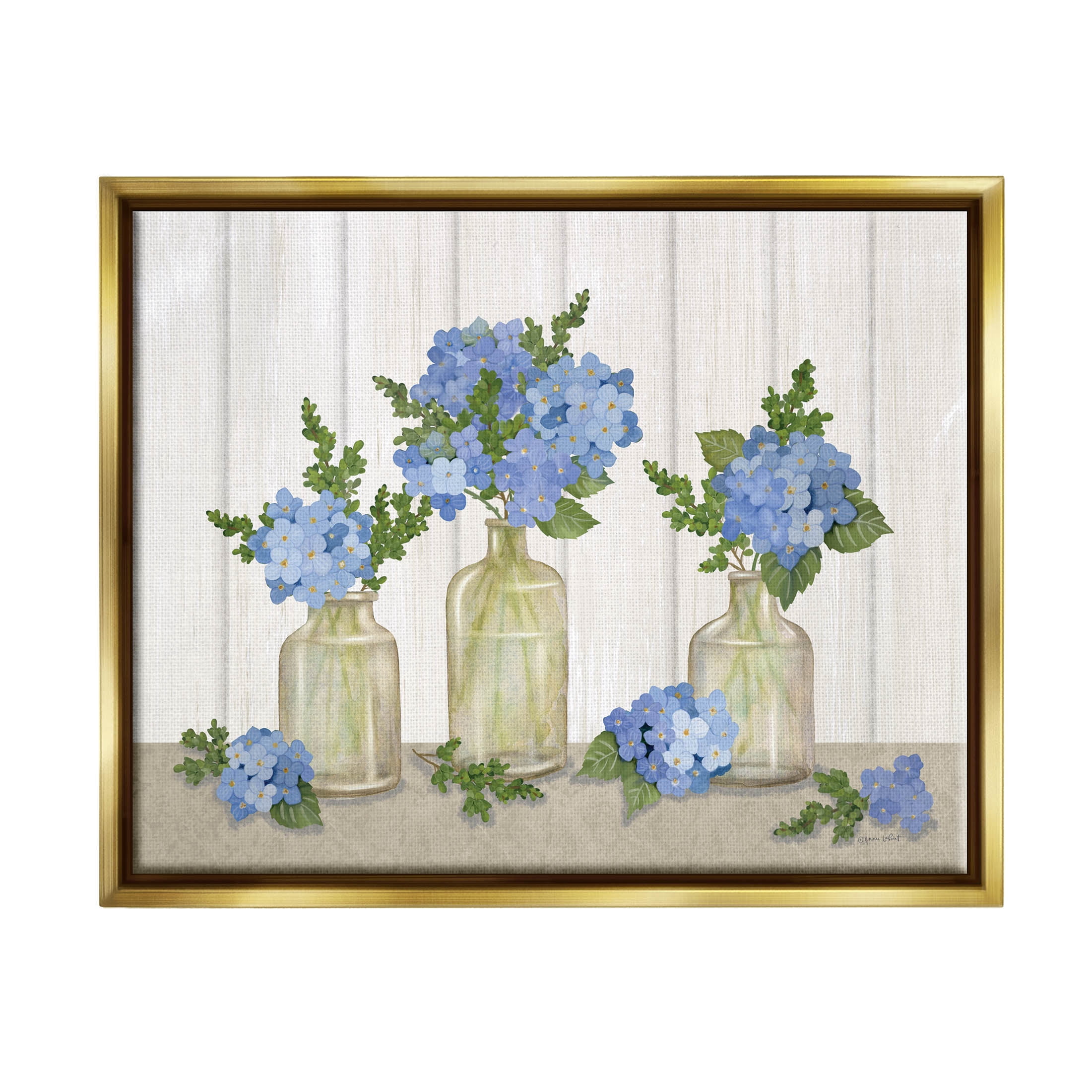 Stupell Industries Blue Geranium Flower Vases Graphic Art Metallic Gold Floating Framed Canvas Print Wall Art, Design by Annie LaPoint