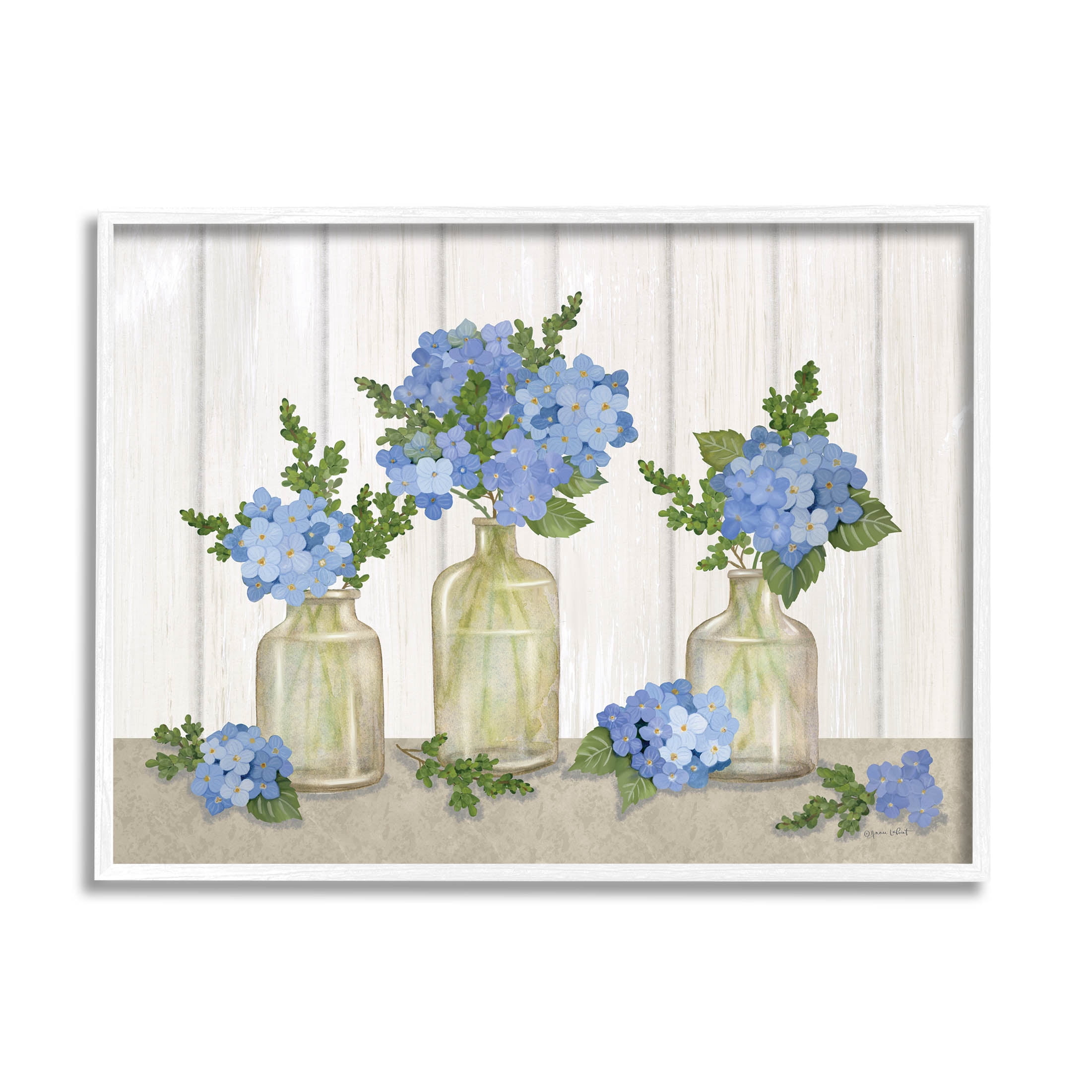 Stupell Industries Blue Geranium Flower Vases Graphic Art White Framed Art Print Wall Art, Design by Annie LaPoint