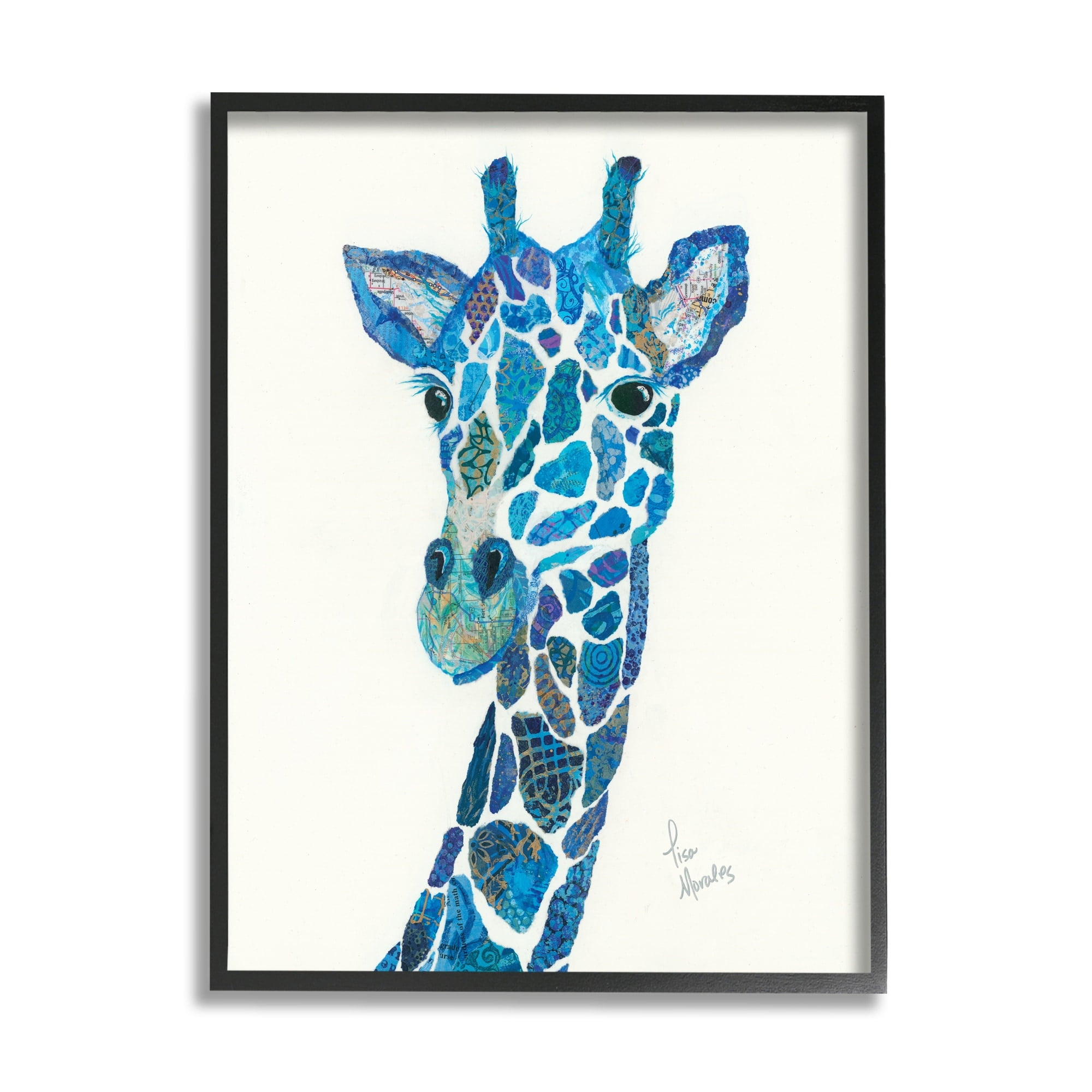 Stupell Industries Blue Giraffe Varied Collage Assortment Animal Painting Graphic Art Black Framed Art Print Wall Art, Design by Lisa Morales