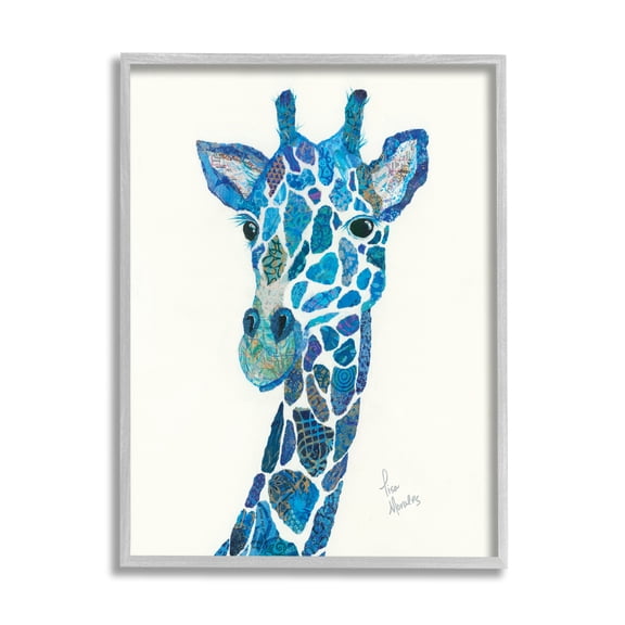 Stupell Industries Blue Giraffe Varied Collage Assortment Animal Painting Graphic Art Gray Framed Art Print Wall Art, Design by Lisa Morales