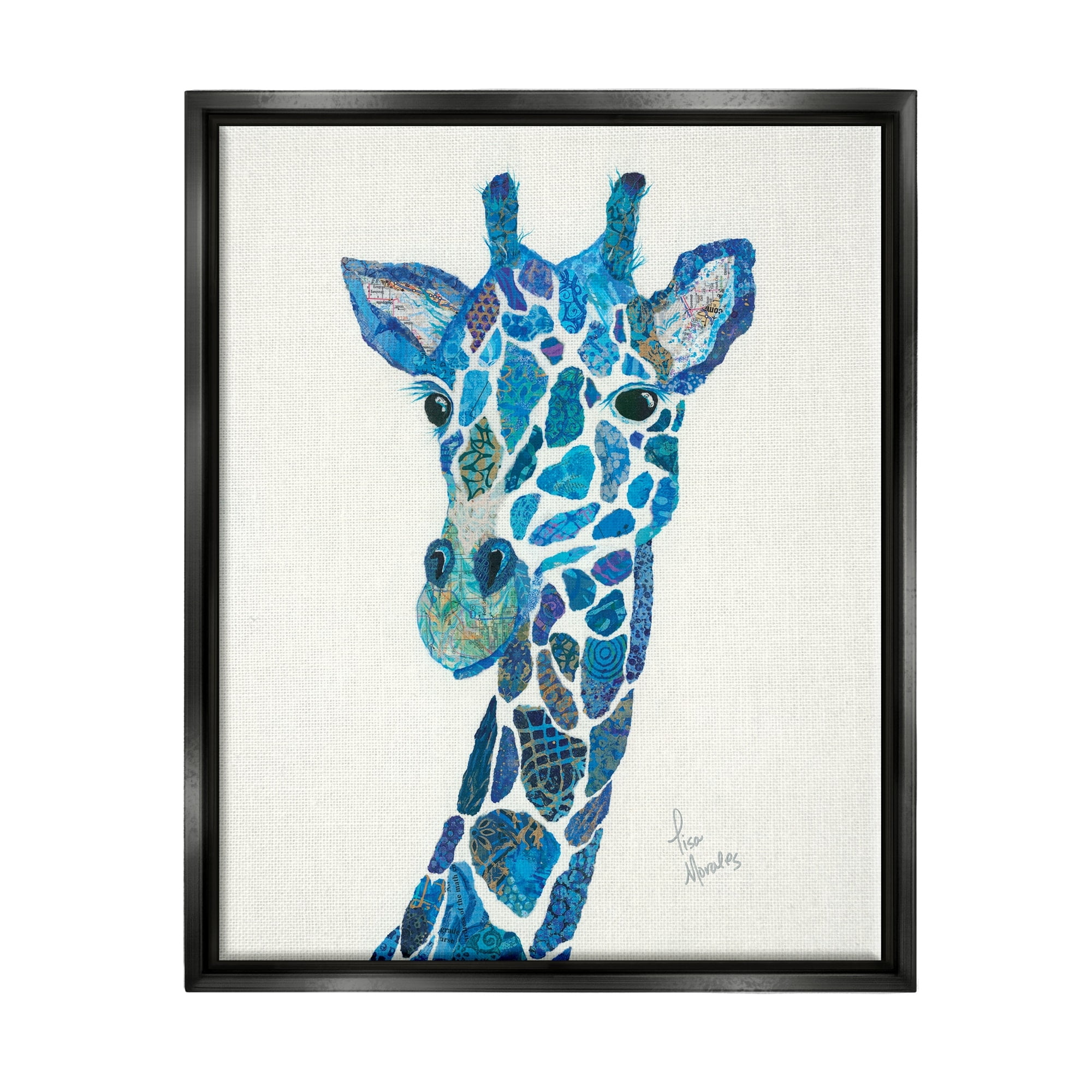 Stupell Industries Blue Giraffe Varied Collage Assortment Animal Painting Graphic Art Jet Black Floating Framed Canvas Print Wall Art, Design by Lisa Morales