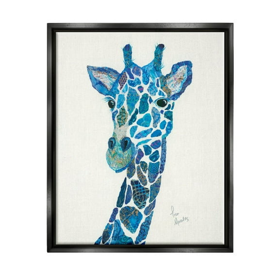Stupell Industries Blue Giraffe Varied Collage Assortment Animal Painting Graphic Art Jet Black Floating Framed Canvas Print Wall Art, Design by Lisa Morales