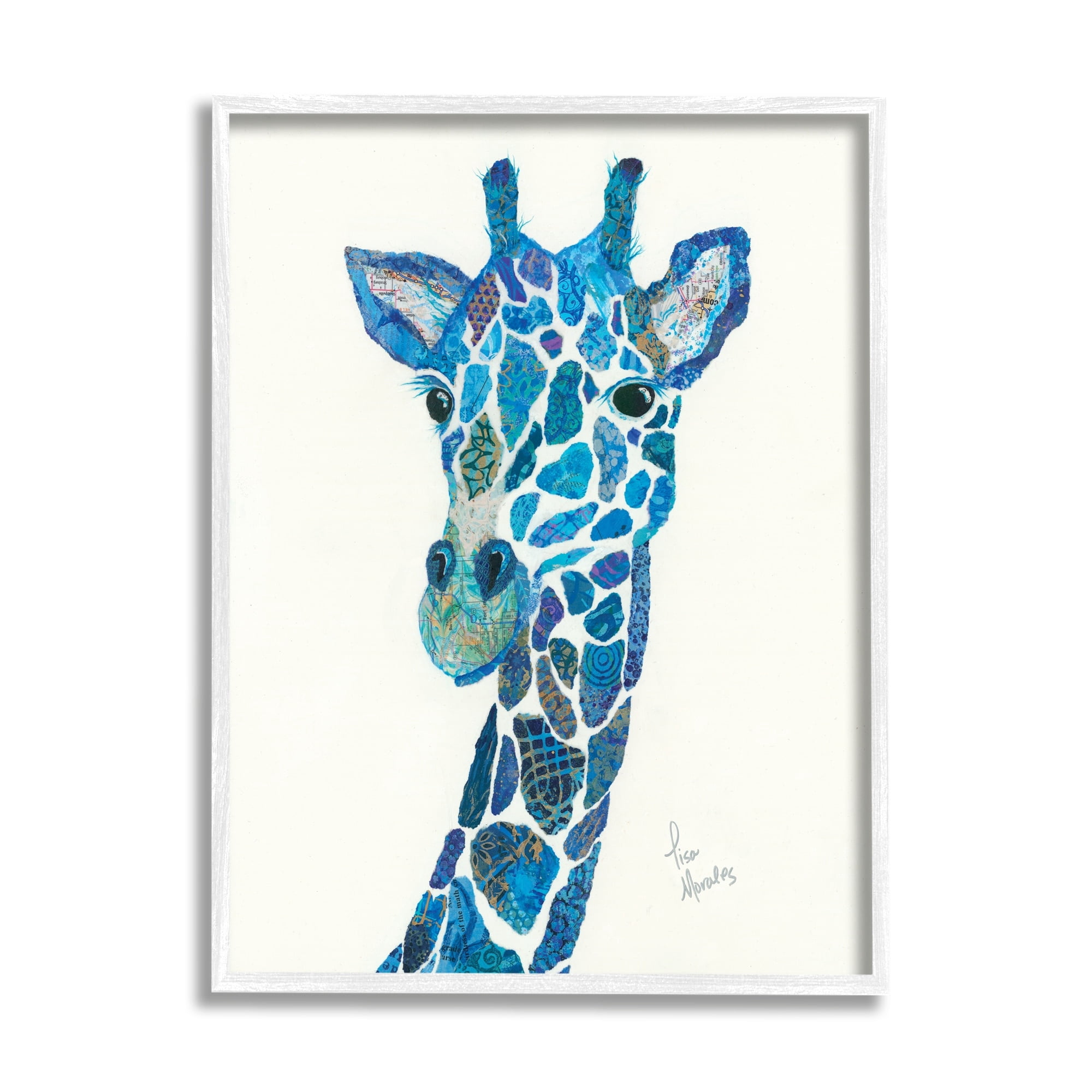 Stupell Industries Blue Giraffe Varied Collage Assortment Animal Painting Graphic Art White Framed Art Print Wall Art, Design by Lisa Morales
