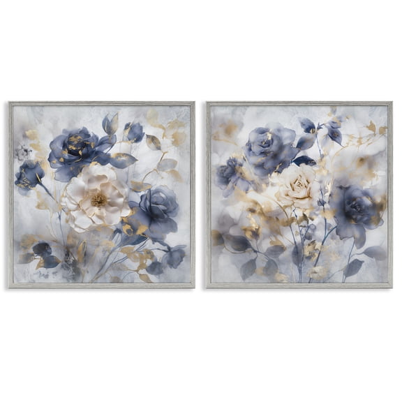 Stupell Industries Blue & Gold Accented Roses Floral Painting Gray Framed Art Print Wall Art, 17 x 17, Set of 2