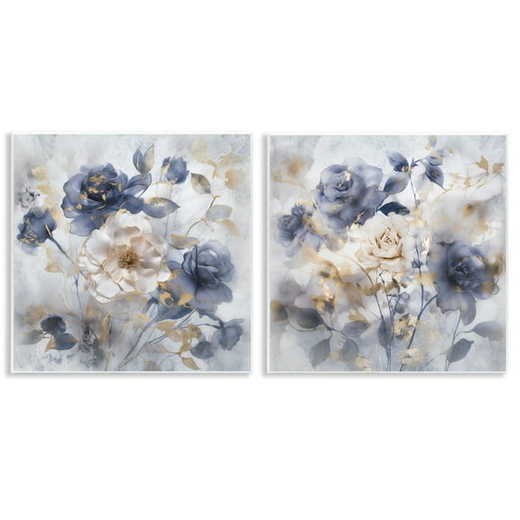 Stupell Industries Blue & Gold Accented Roses Floral Painting Unframed Art Print Wall Art, 12 x 12, Set of 2