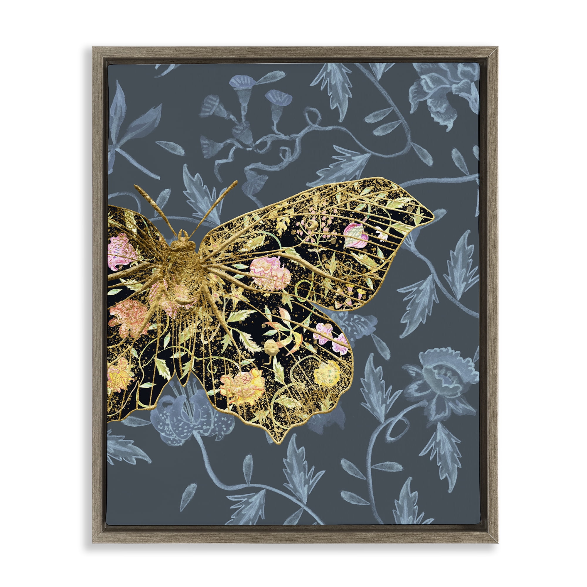 Stupell Industries Blue & Gold Butterfly Animals & Insects Painting Brown Floater Framed Canvas Art Print Wall Art, 25 x 31