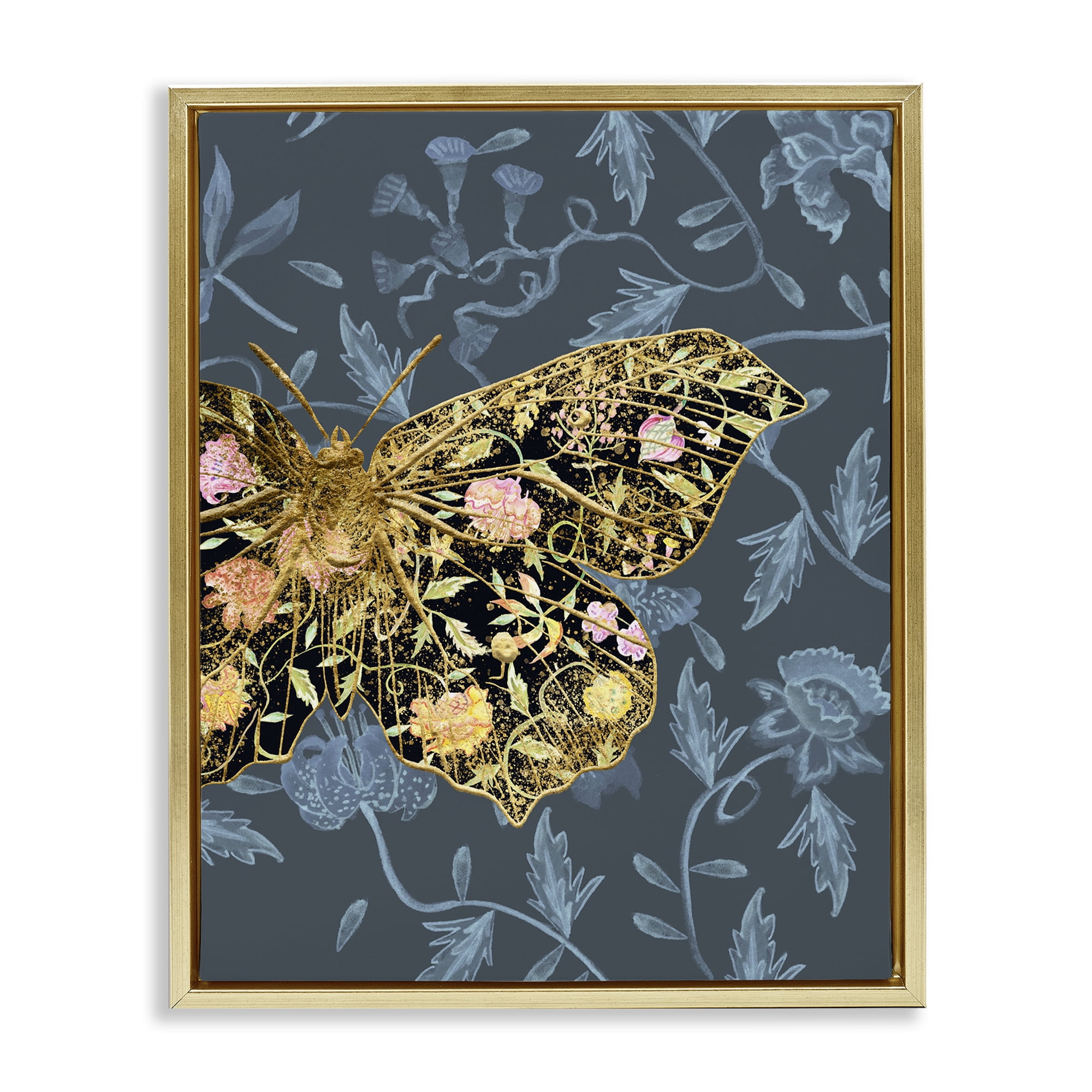 Stupell Industries Blue & Gold Butterfly Animals & Insects Painting Gold Floater Framed Canvas Art Print Wall Art, 17 x 21