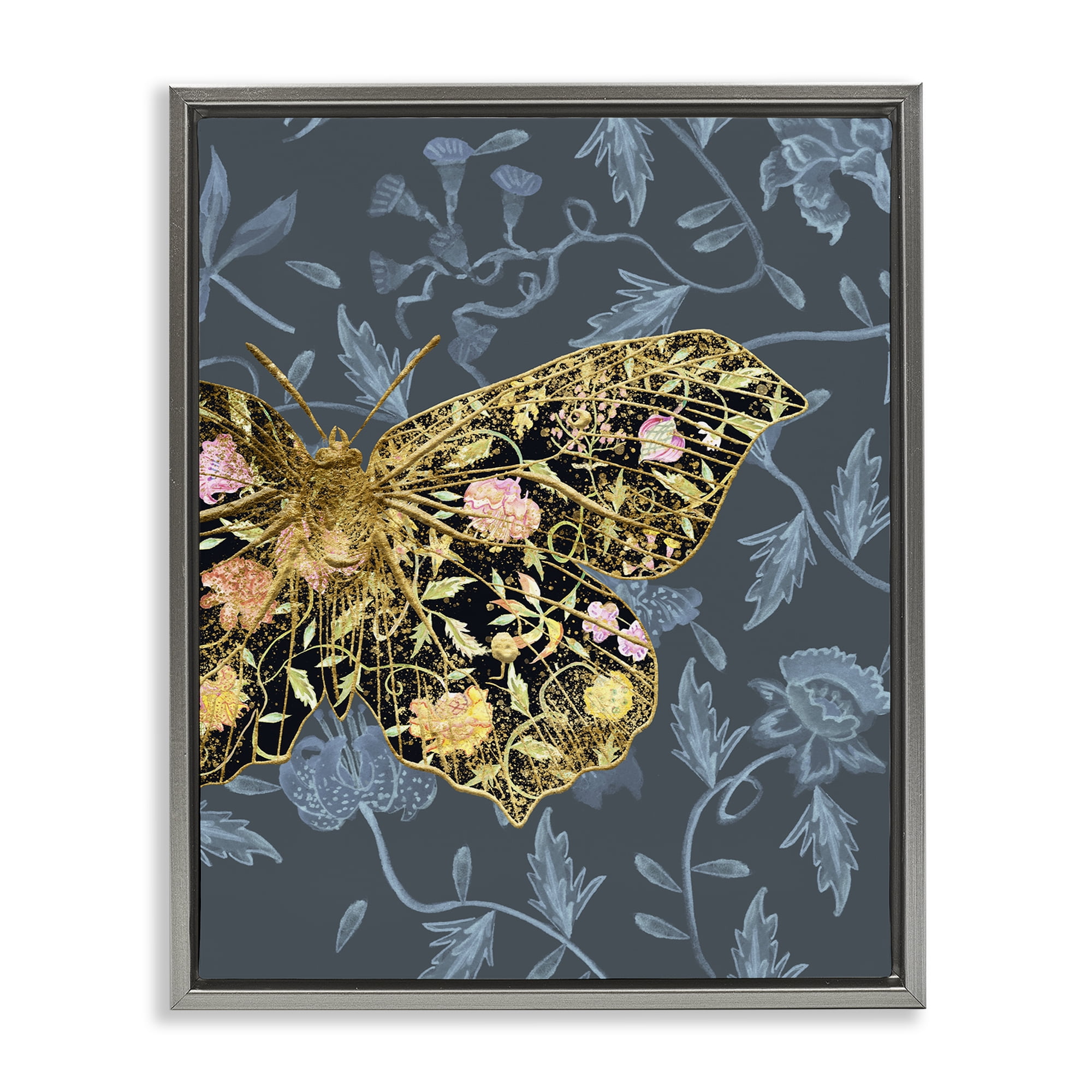 Stupell Industries Blue & Gold Butterfly Animals & Insects Painting Gray Floater Framed Canvas Art Print Wall Art, 17 x 21