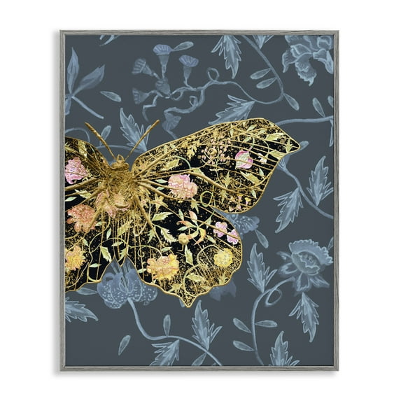 Stupell Industries Blue & Gold Butterfly Animals & Insects Painting Gray Framed Art Print Wall Art, 11 x 14