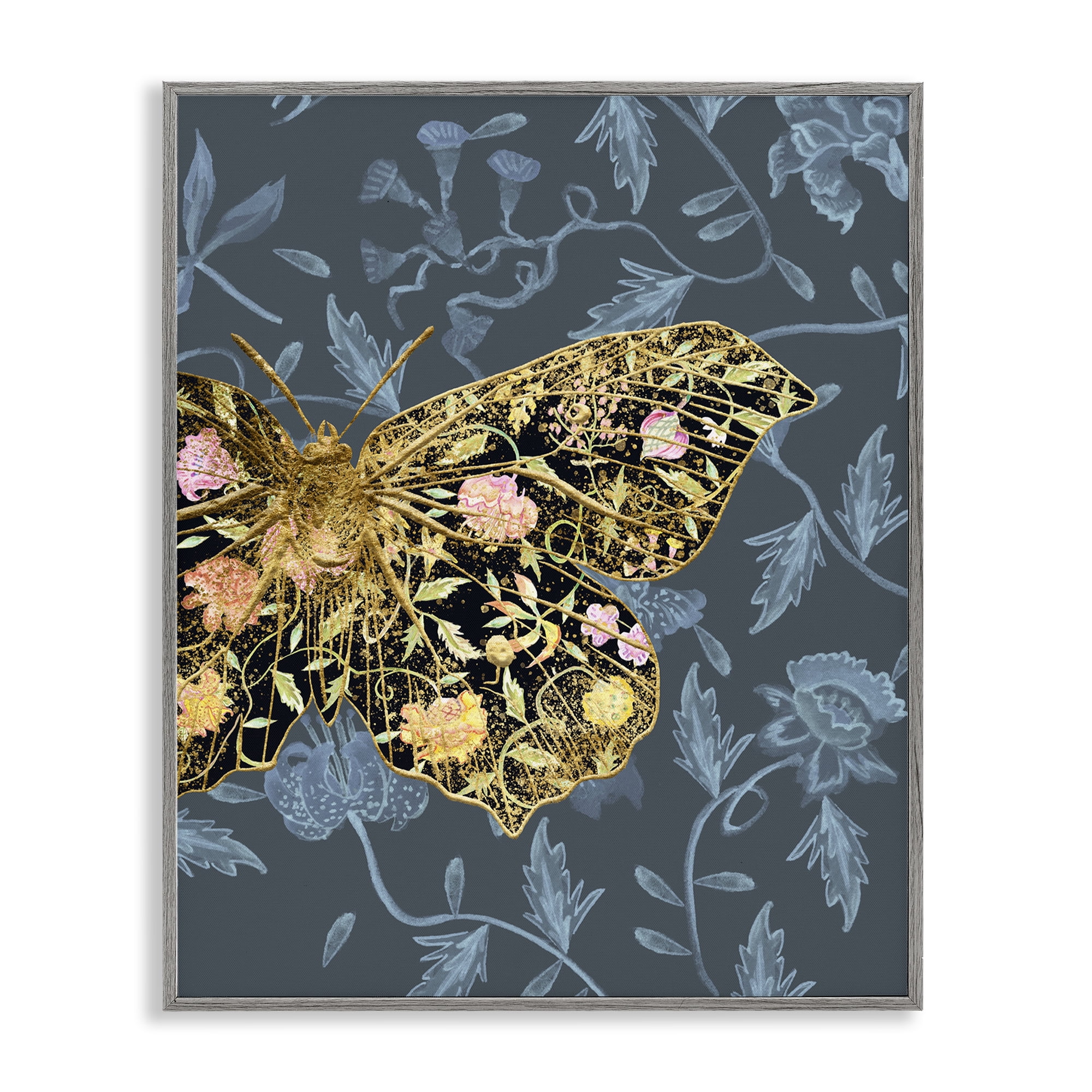 Stupell Industries Blue & Gold Butterfly Animals & Insects Painting Gray Framed Art Print Wall Art, 16 x 20