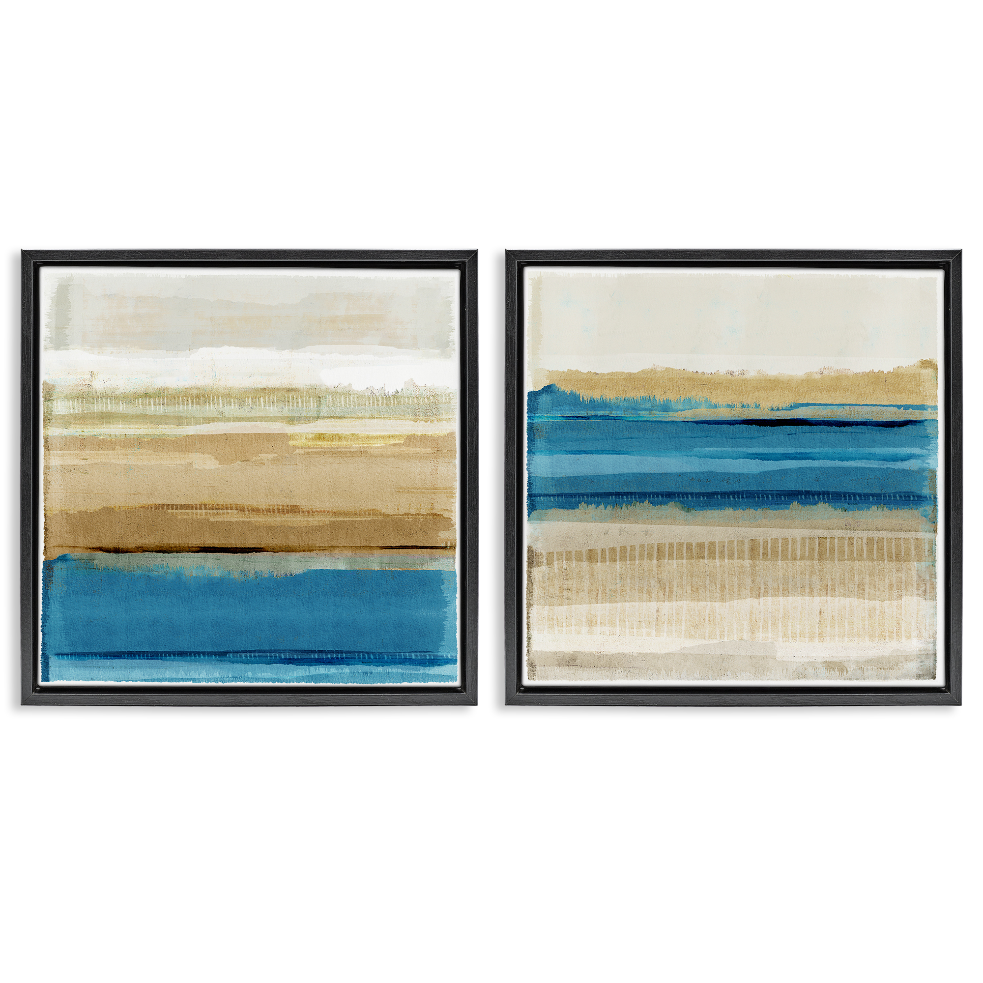 Stupell Industries Blue Gold Daze Striped Abstract Abstract Painting Black Floater Framed Canvas Art Print Wall Art, 18 x 18, Set of 2