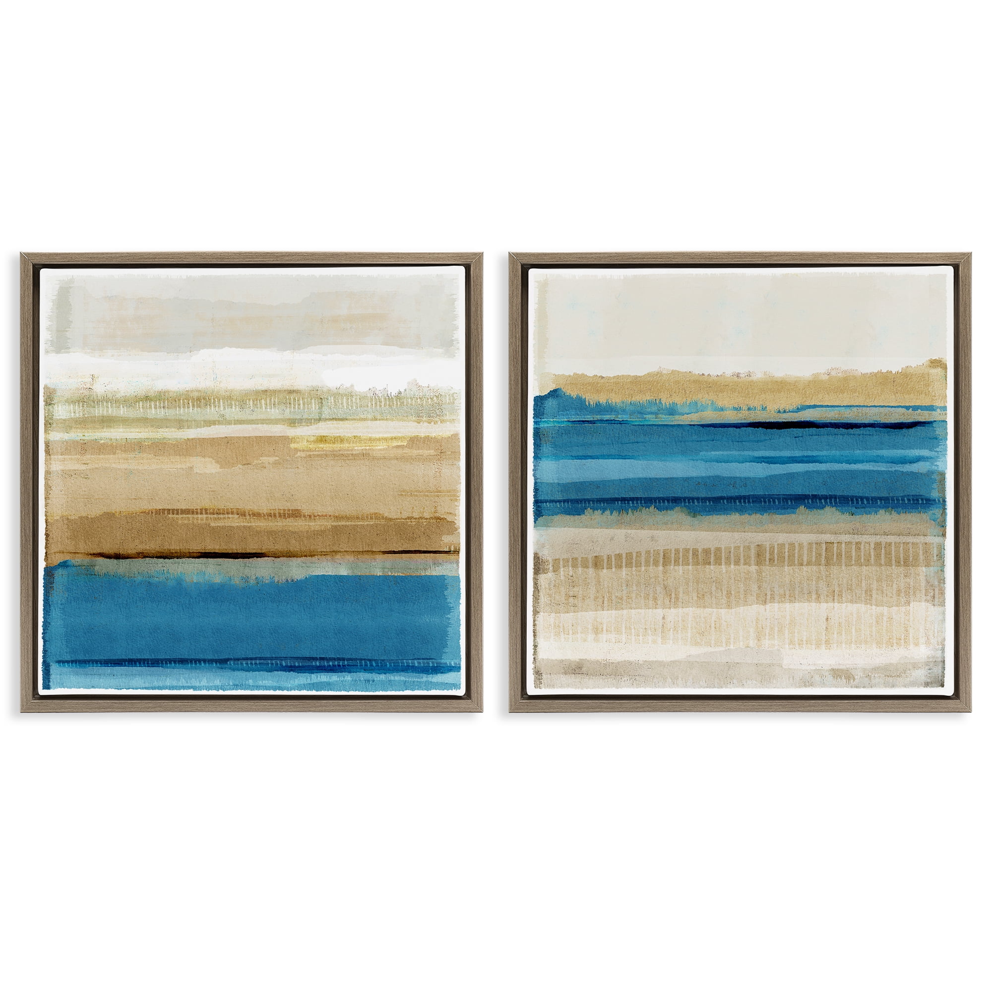 Stupell Industries Blue Gold Daze Striped Abstract Abstract Painting Brown Floater Framed Canvas Art Print Wall Art, 18 x 18, Set of 2