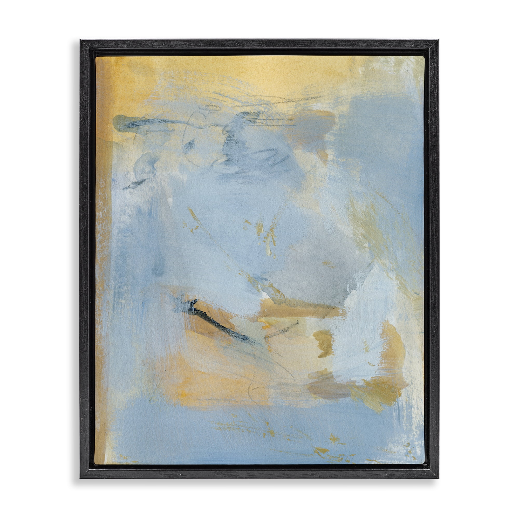 Stupell Industries Blue & Gold Organic Abstract Abstract Painting Black Floater Framed Canvas Art Print Wall Art, 25 x 31