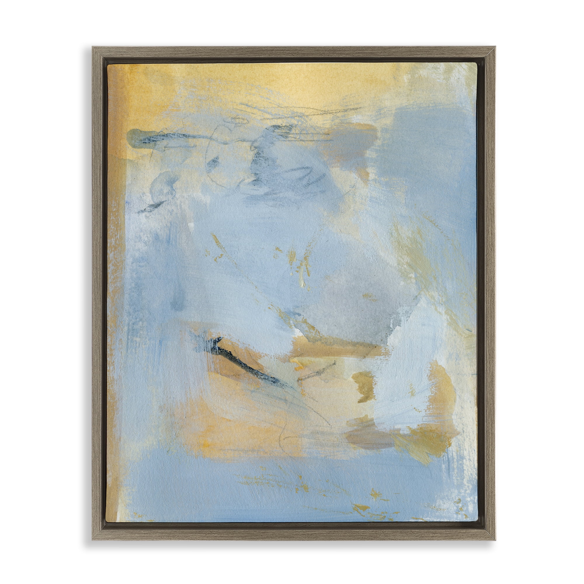 Stupell Industries Blue & Gold Organic Abstract Abstract Painting Brown Floater Framed Canvas Art Print Wall Art, 25 x 31