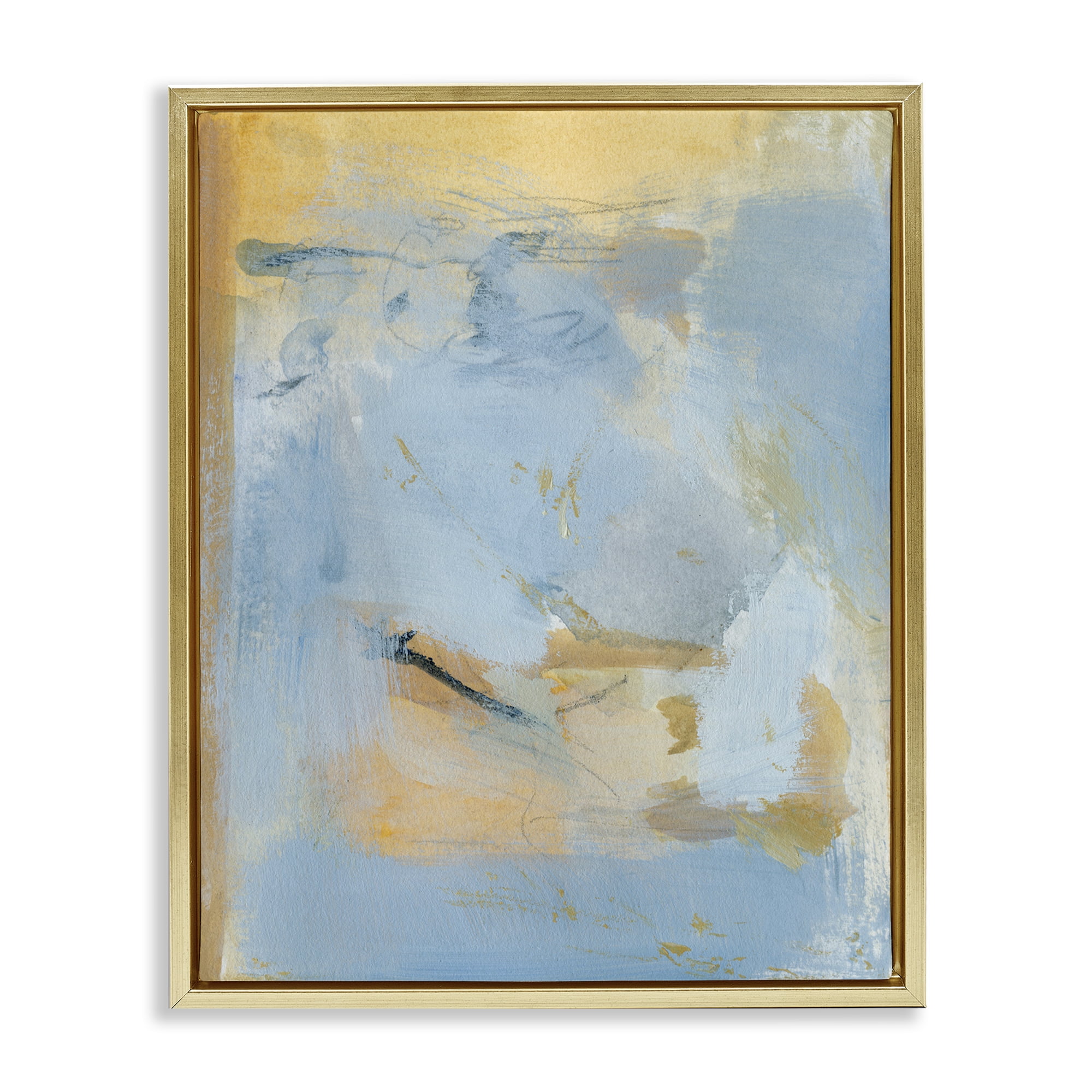 Stupell Industries Blue & Gold Organic Abstract Abstract Painting Gold Floater Framed Canvas Art Print Wall Art, 17 x 21