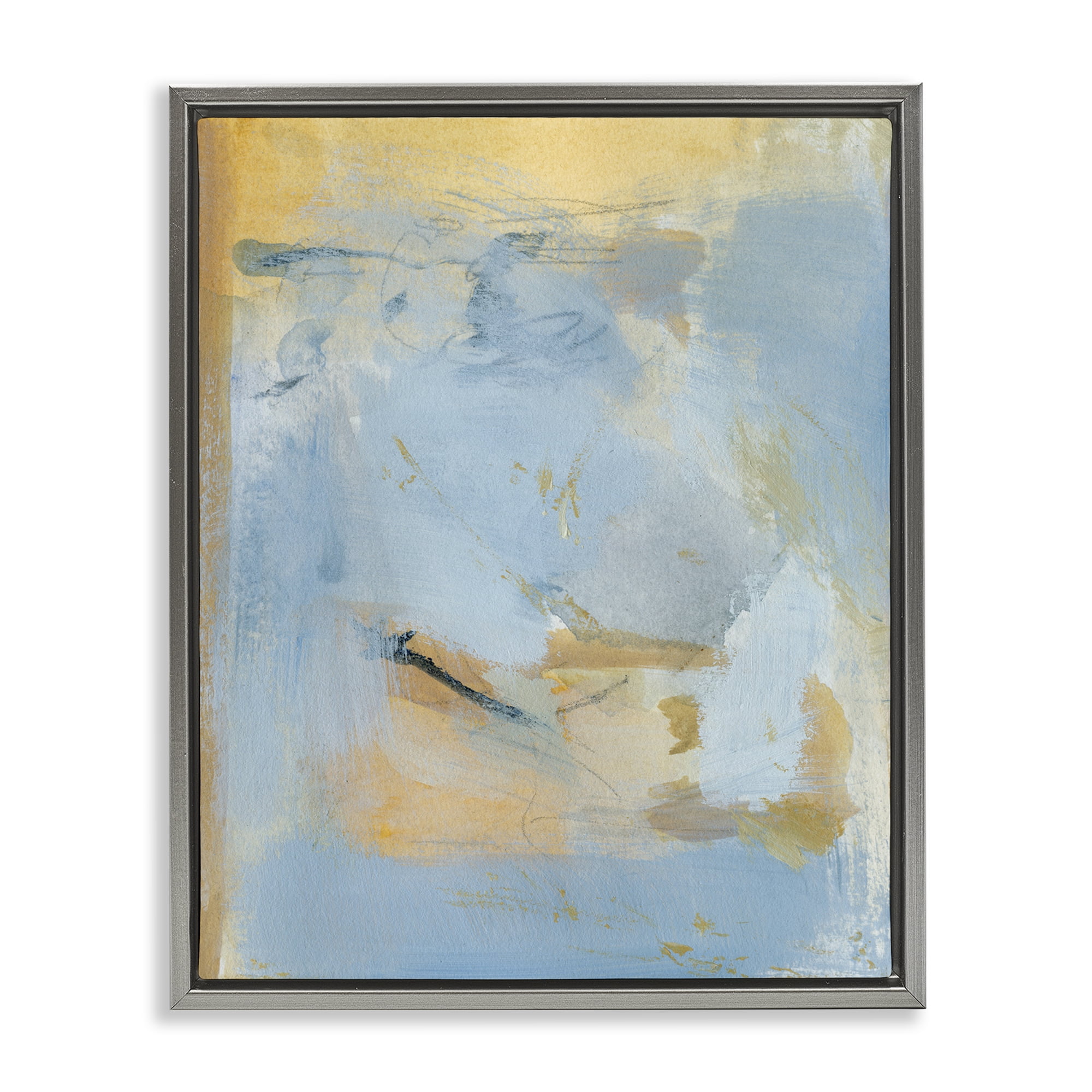 Stupell Industries Blue & Gold Organic Abstract Abstract Painting Gray Floater Framed Canvas Art Print Wall Art, 25 x 31