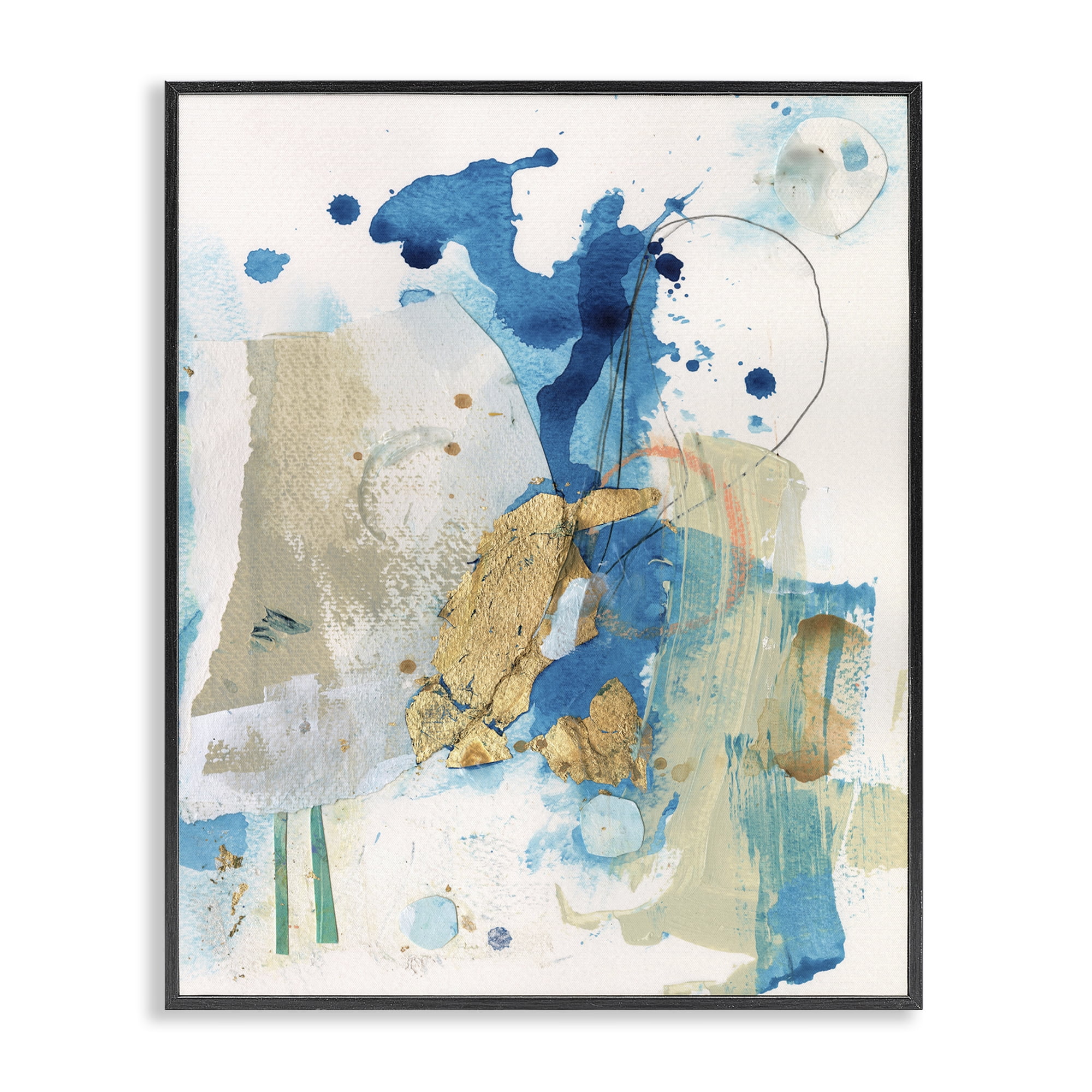 Stupell Industries Blue & Gold Splash Abstract Abstract Painting Black Framed Art Print Wall Art, 24 x 30