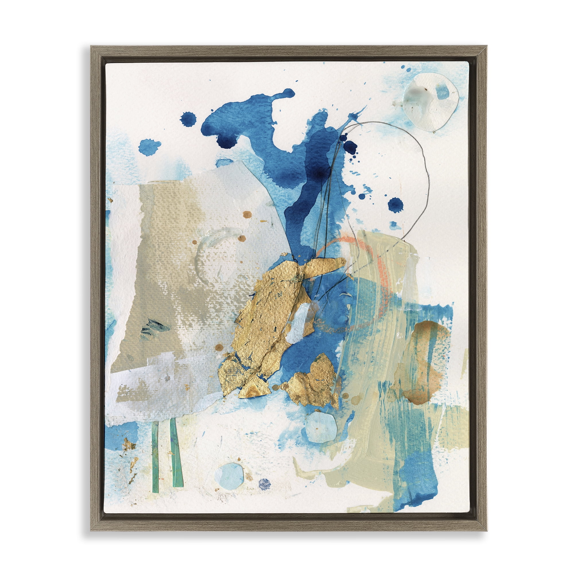 Stupell Industries Blue & Gold Splash Abstract Abstract Painting Brown Floater Framed Canvas Art Print Wall Art, 25 x 31