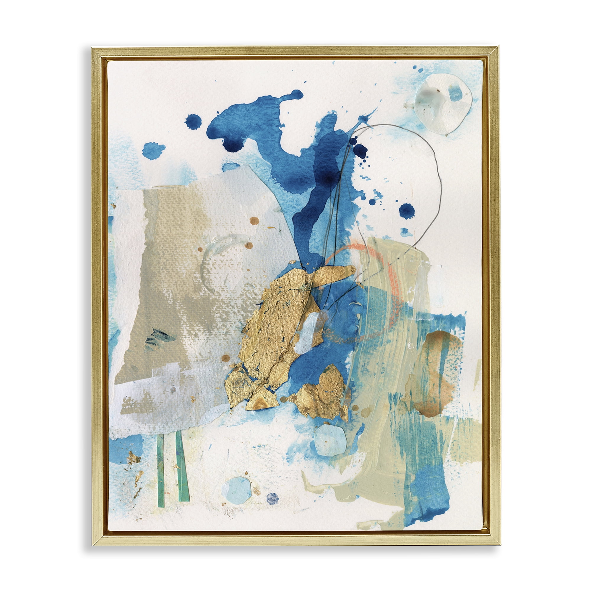 Stupell Industries Blue & Gold Splash Abstract Abstract Painting Gold Floater Framed Canvas Art Print Wall Art, 17 x 21
