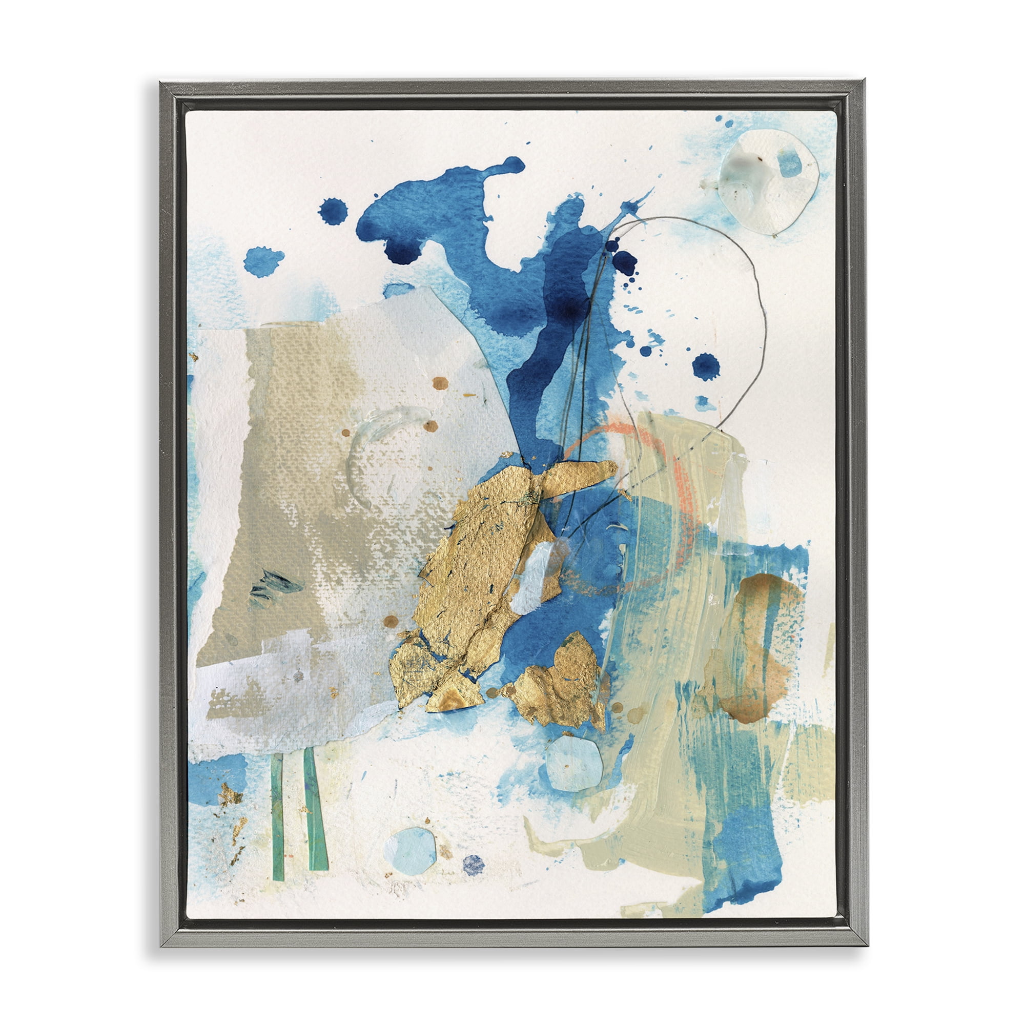Stupell Industries Blue & Gold Splash Abstract Abstract Painting Gray Floater Framed Canvas Art Print Wall Art, 17 x 21
