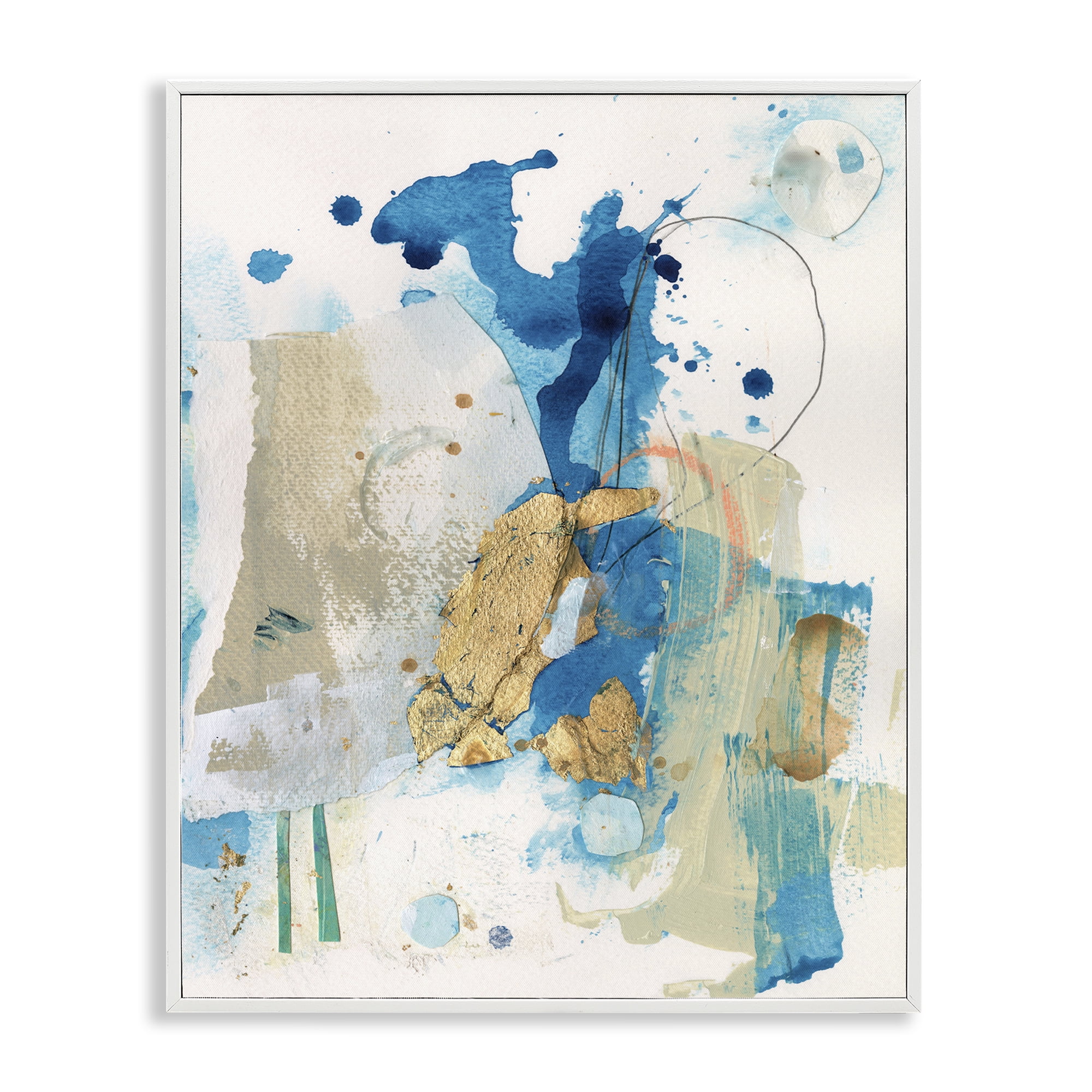 Stupell Industries Blue & Gold Splash Abstract Abstract Painting White Framed Art Print Wall Art, 16 x 20