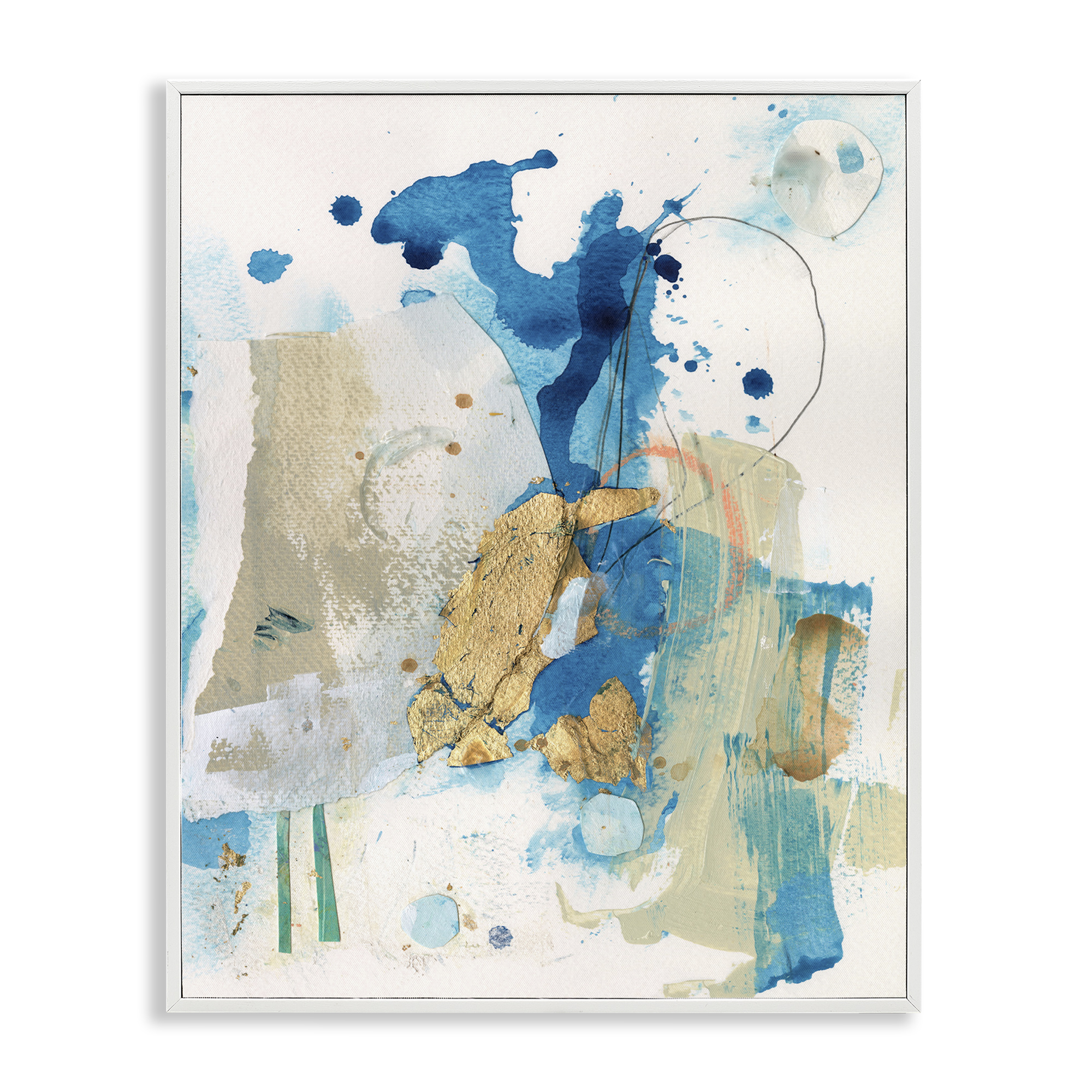 Stupell Industries Blue & Gold Splash Abstract Abstract Painting White Framed Art Print Wall Art, 24 x 30