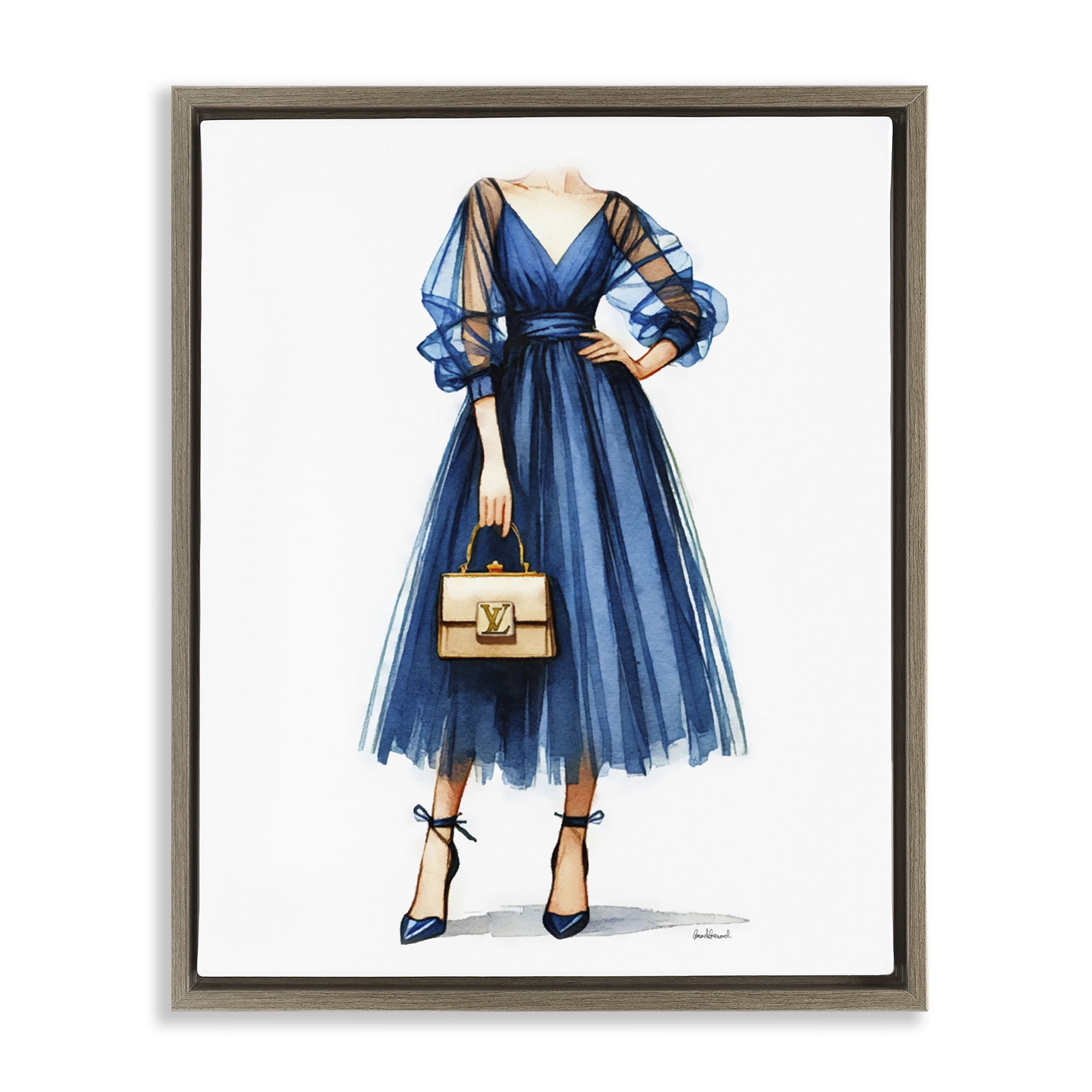Stupell Industries Blue Gown Fashion Girl Fashion Painting Brown Floater Framed Canvas Art Print Wall Art, 17 x 21