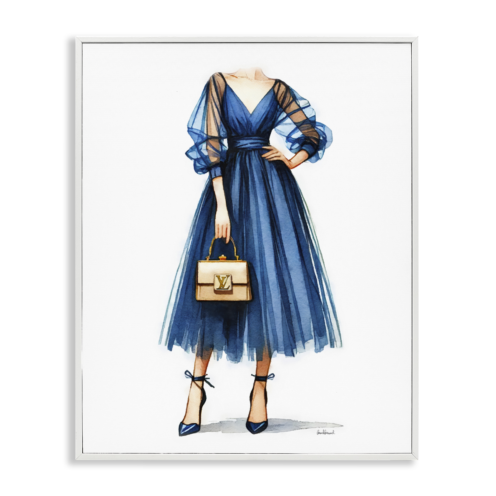 Stupell Industries Blue Gown Fashion Girl Fashion Painting White Framed Art Print Wall Art, 11 x 14