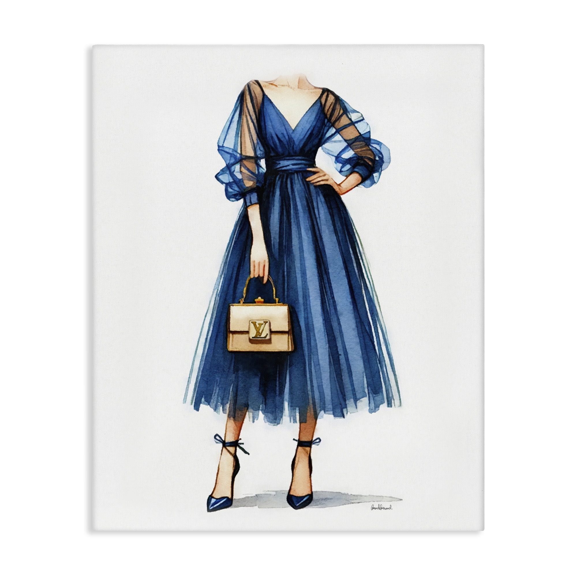 Stupell Industries Blue Gown Fashion Girl Fashion Painting Wrapped Canvas Art Print Wall Art, 30 x 40