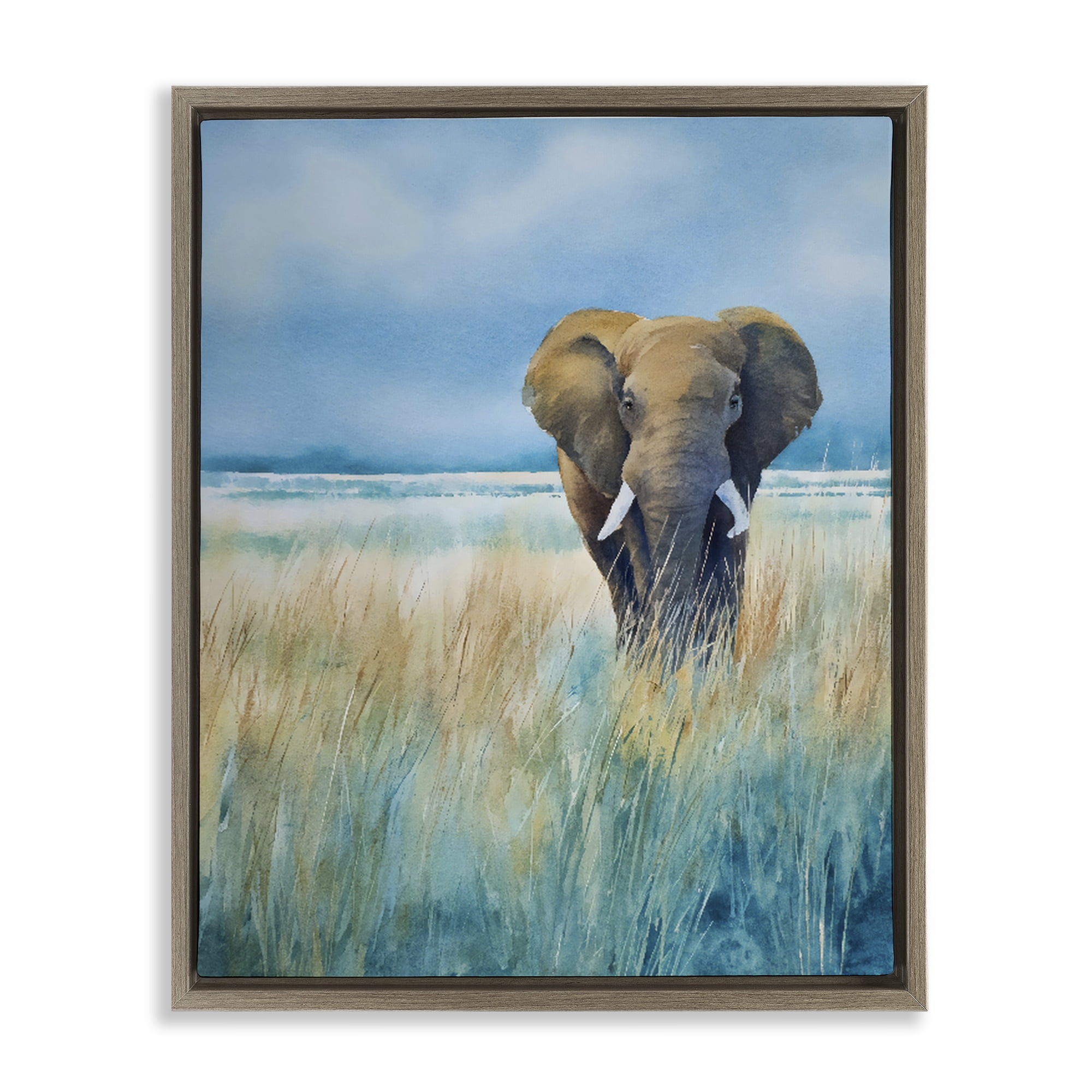 Stupell Industries Blue Grass Elephant Brown Framed Floater Canvas Wall Art, design by Franklyn Gregory