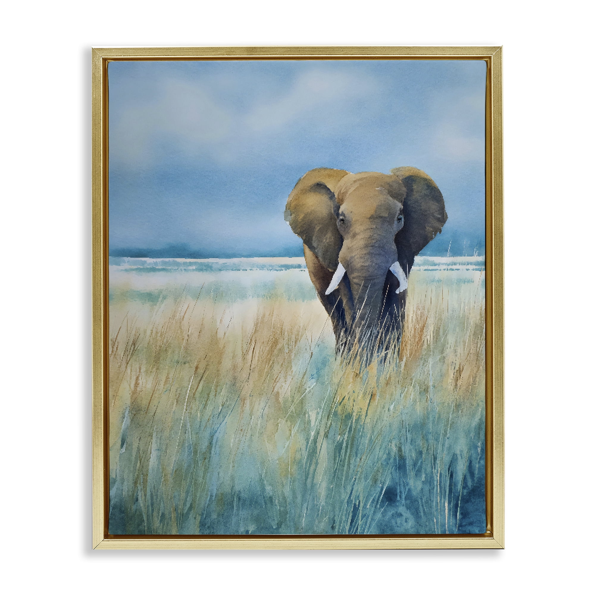 Stupell Industries Blue Grass Elephant Gold Framed Floater Canvas Wall Art, design by Franklyn Gregory