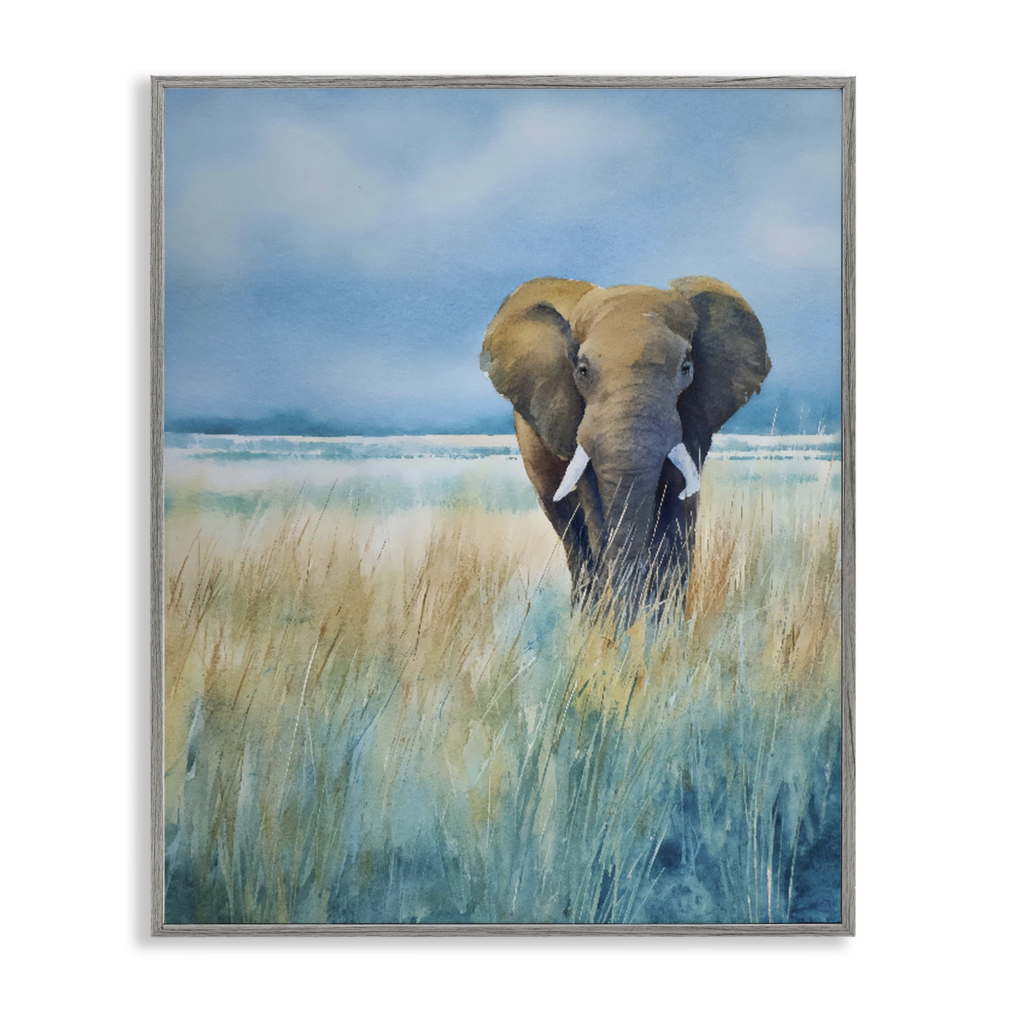 Stupell Industries Blue Grass Elephant Gray Framed Giclee Art, design by Franklyn Gregory