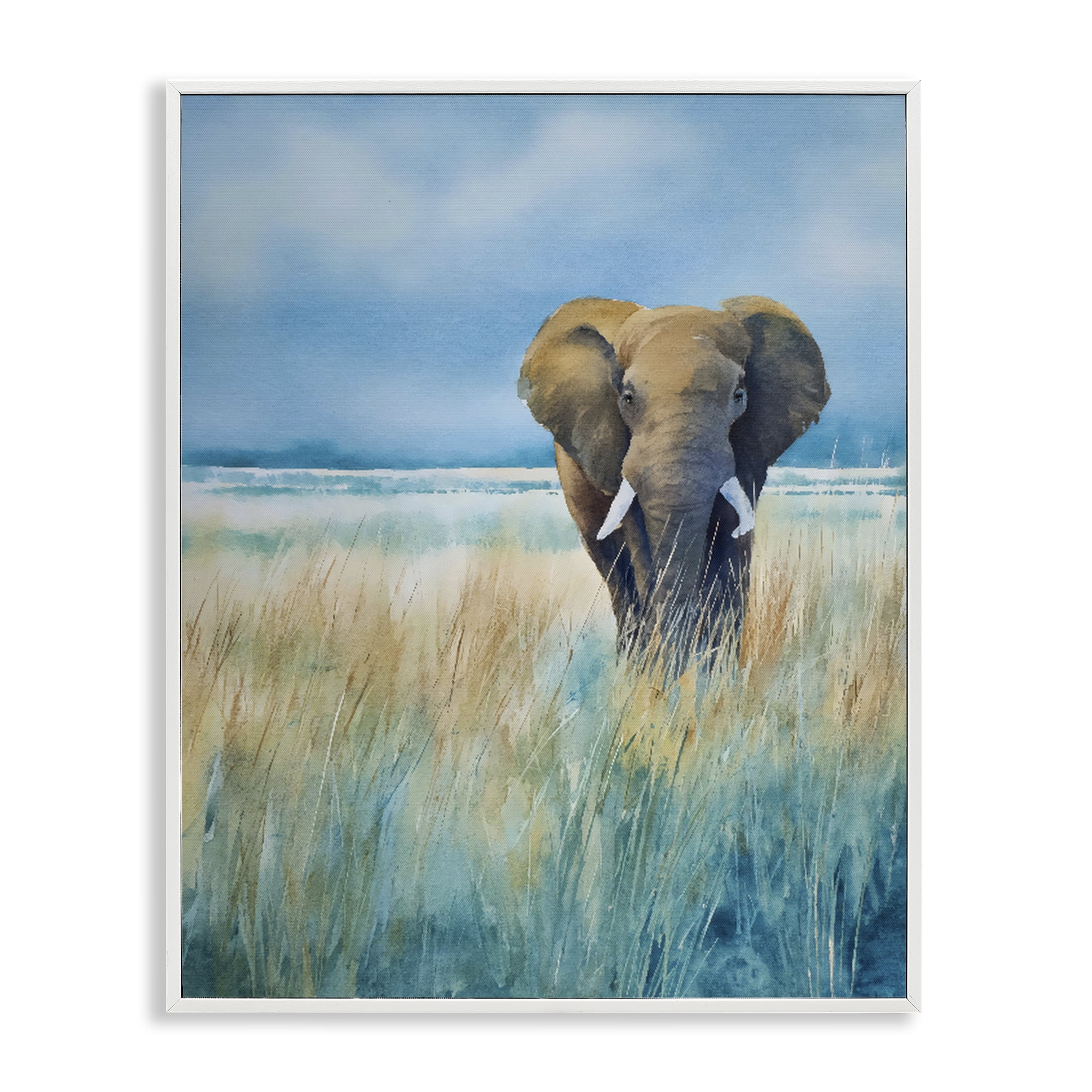 Stupell Industries Blue Grass Elephant White Framed Giclee Art, design by Franklyn Gregory