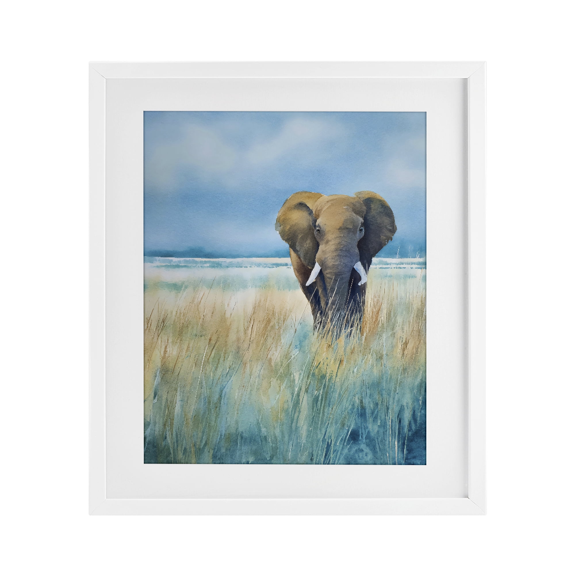 Stupell Industries Blue Grass Elephant White Framed Print Under Glass, design by Franklyn Gregory
