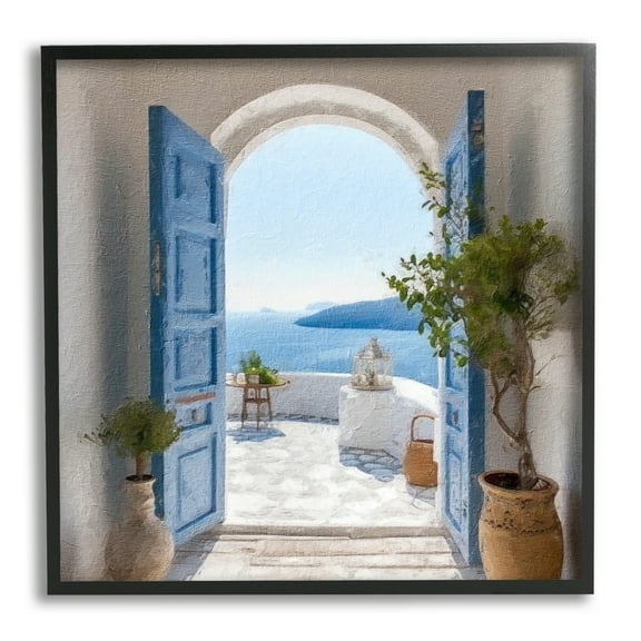 Stupell Industries Blue Greek Door Scenery Nature Photography Black Framed Art Print Wall Art, 12 x 12