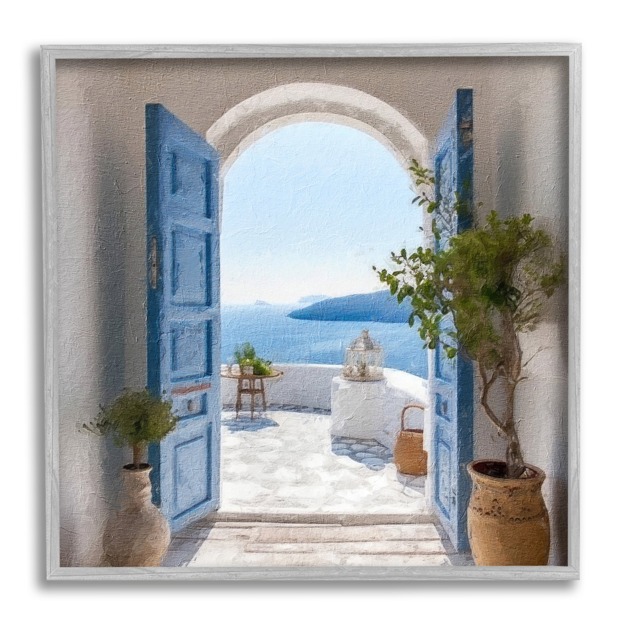 Stupell Industries Blue Greek Door Scenery Nature Photography Gray Framed Art Print Wall Art, 24 x 24