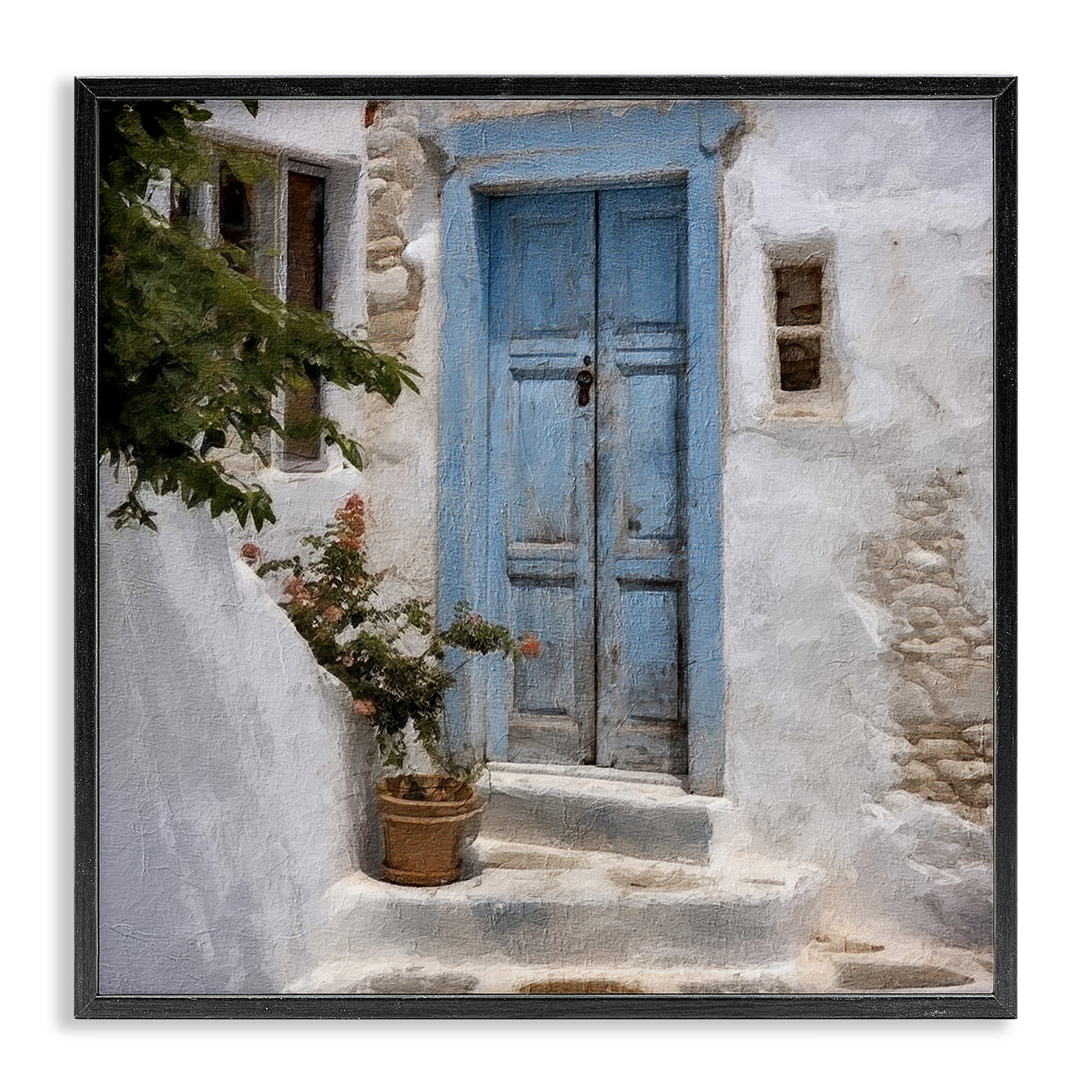 Stupell Industries Blue Greek Door Town & City Painting Black Framed Art Print Wall Art, 24 x 24