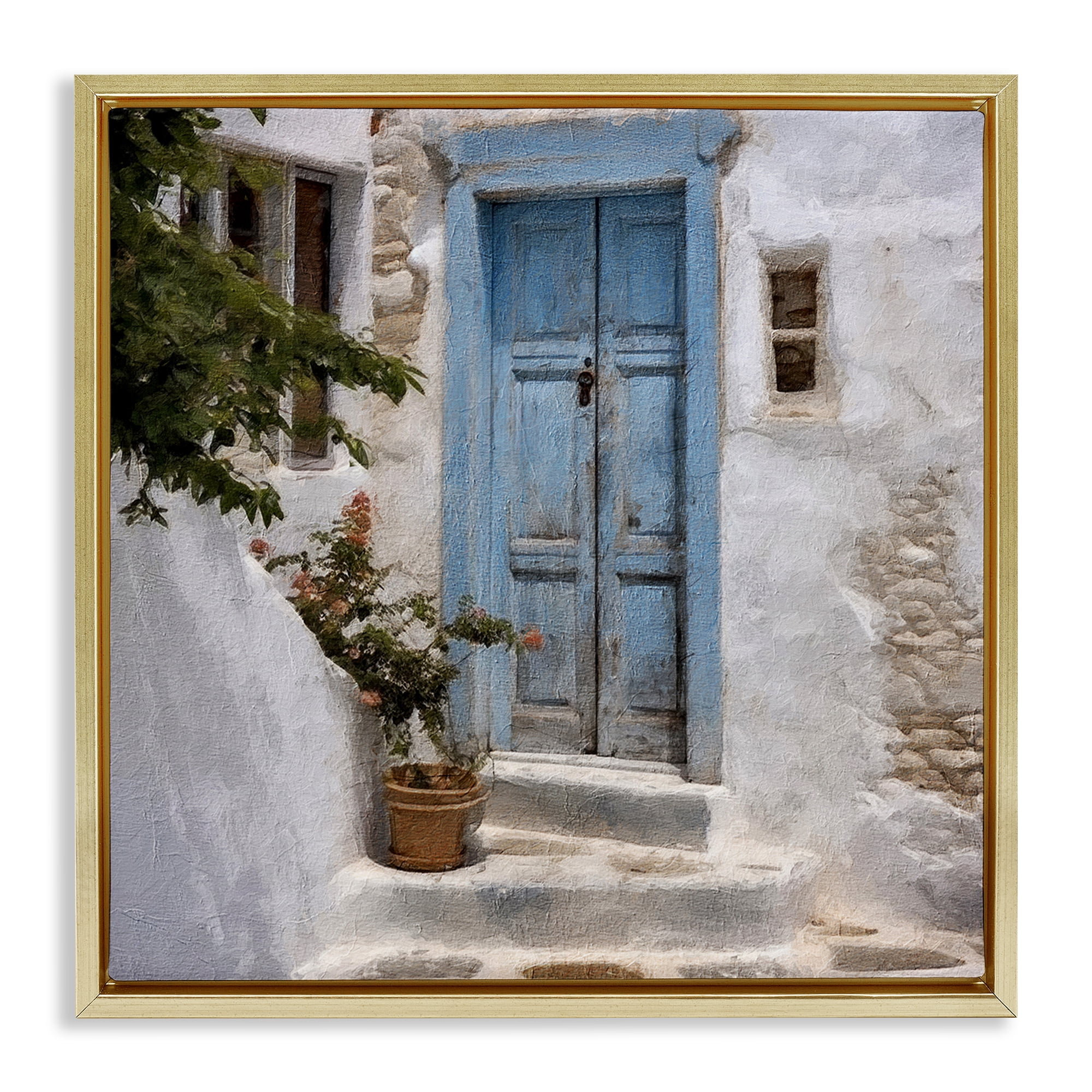Stupell Industries Blue Greek Door Town & City Painting Gold Floater Framed Canvas Art Print Wall Art, 25 x 25