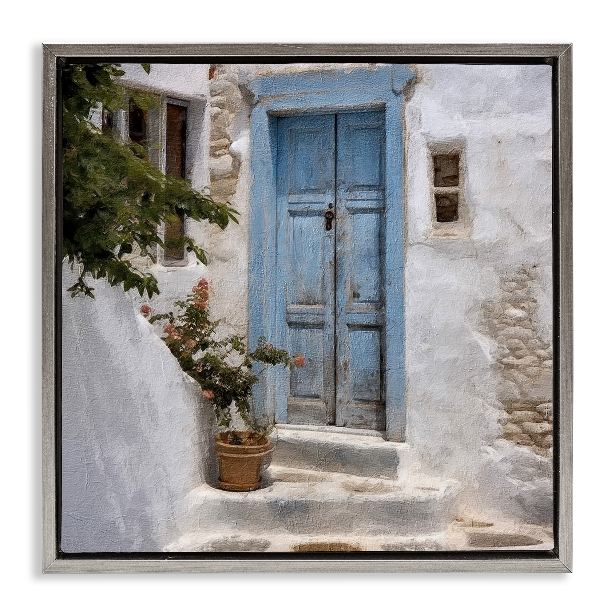 Stupell Industries Blue Greek Door Town & City Painting Gray Floater Framed Canvas Art Print Wall Art, 25 x 25