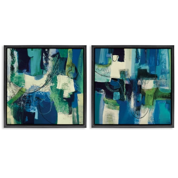 Stupell Industries Blue & Green Abstracts 2 Piece Black Framed Floater Canvas Set design by Maurizio Piovan, 18 x 18