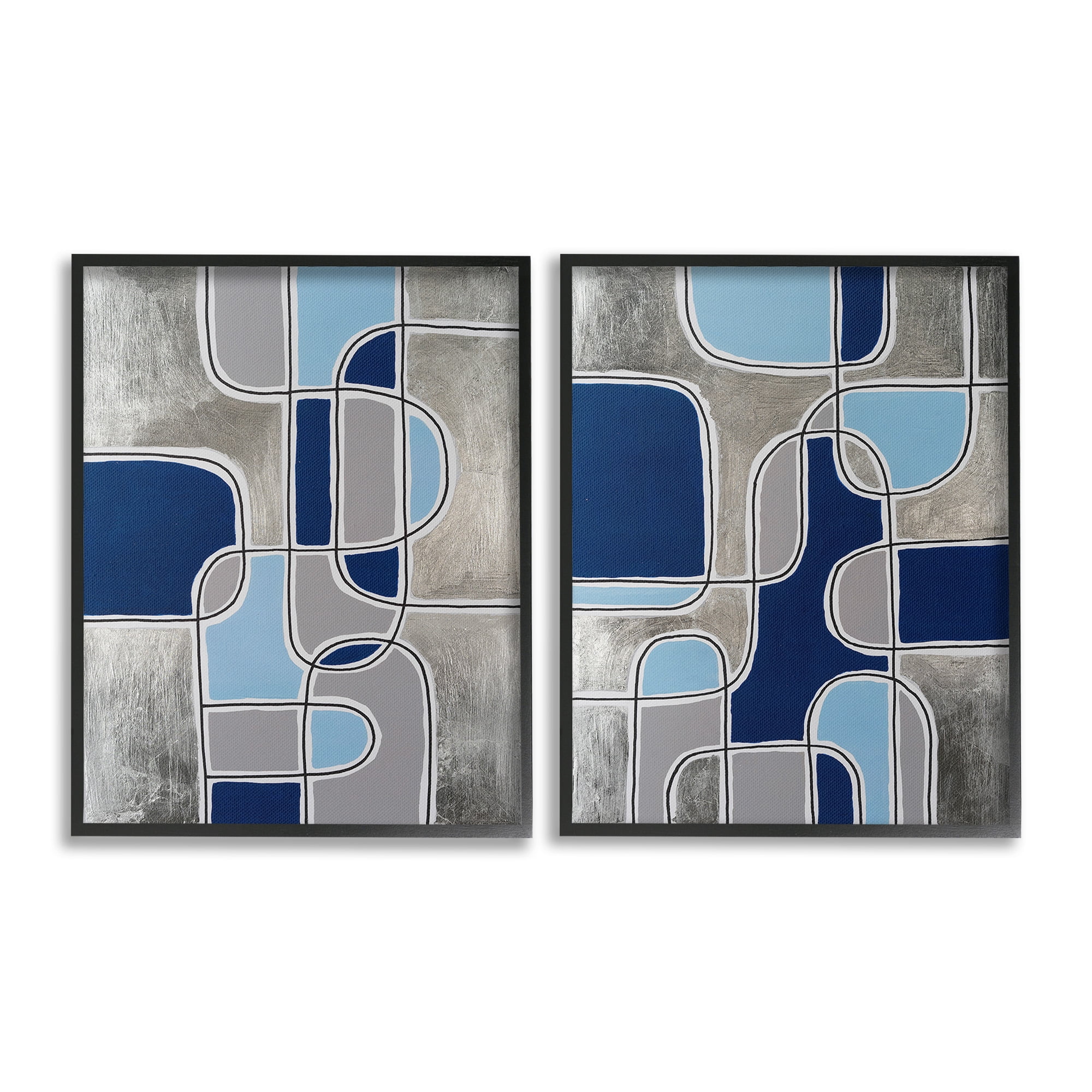 Stupell Industries Blue & Grey Geometrics Abstract Painting Black Framed Art Print Wall Art, 16 x 20, Set of 2